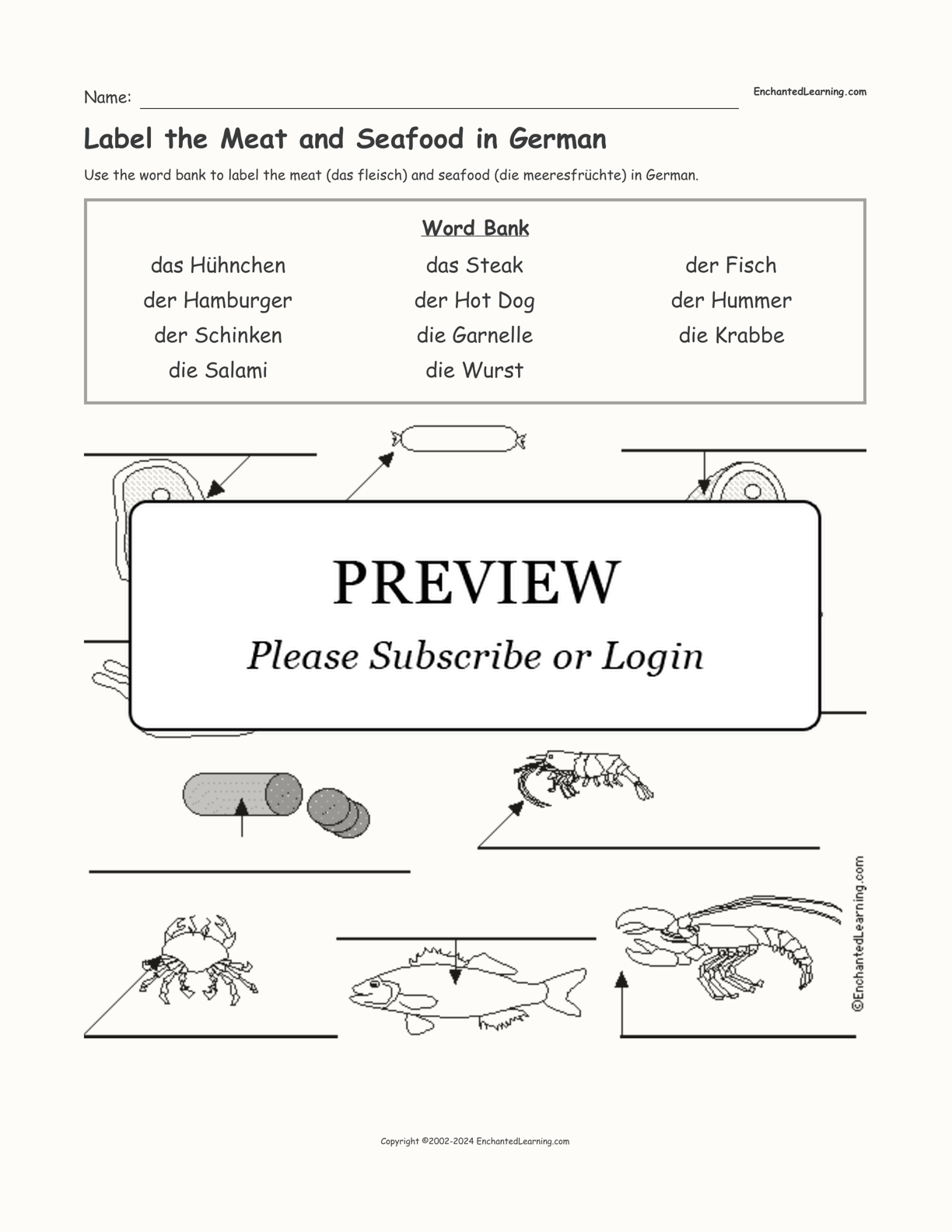 Label the Meat and Seafood in German interactive worksheet page 1