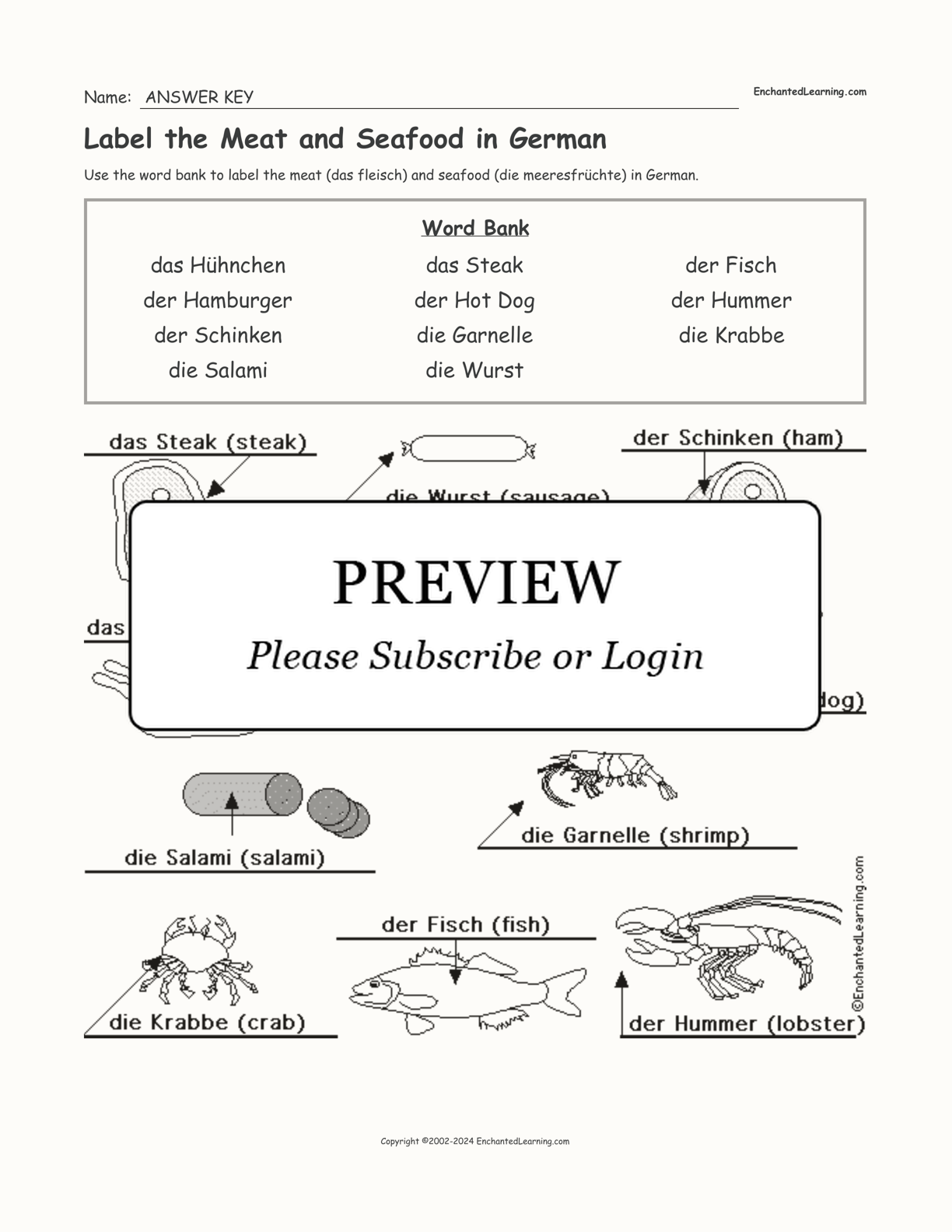 Label the Meat and Seafood in German interactive worksheet page 2