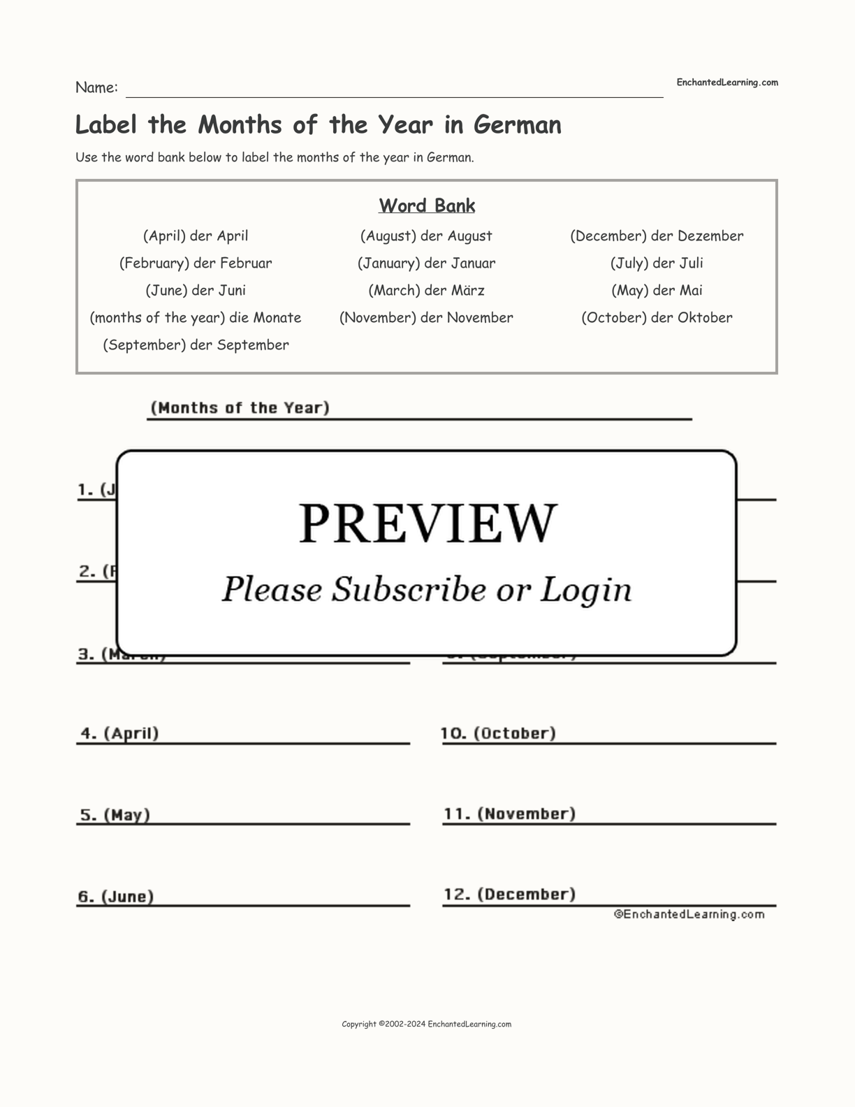 Label the Months of the Year in German interactive worksheet page 1