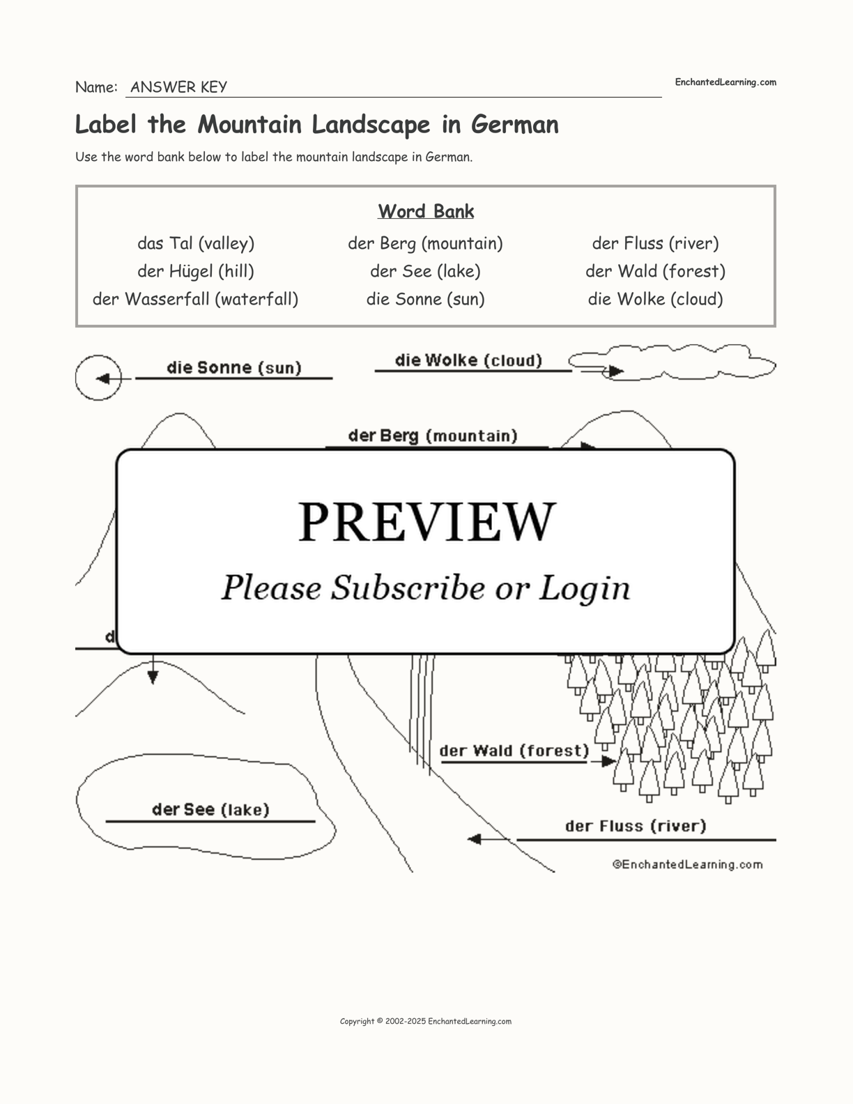 Label the Mountain Landscape in German interactive worksheet page 2