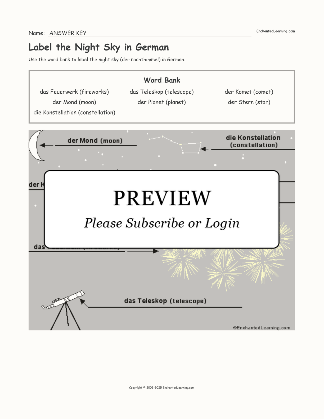 Label the Night Sky in German interactive worksheet page 2