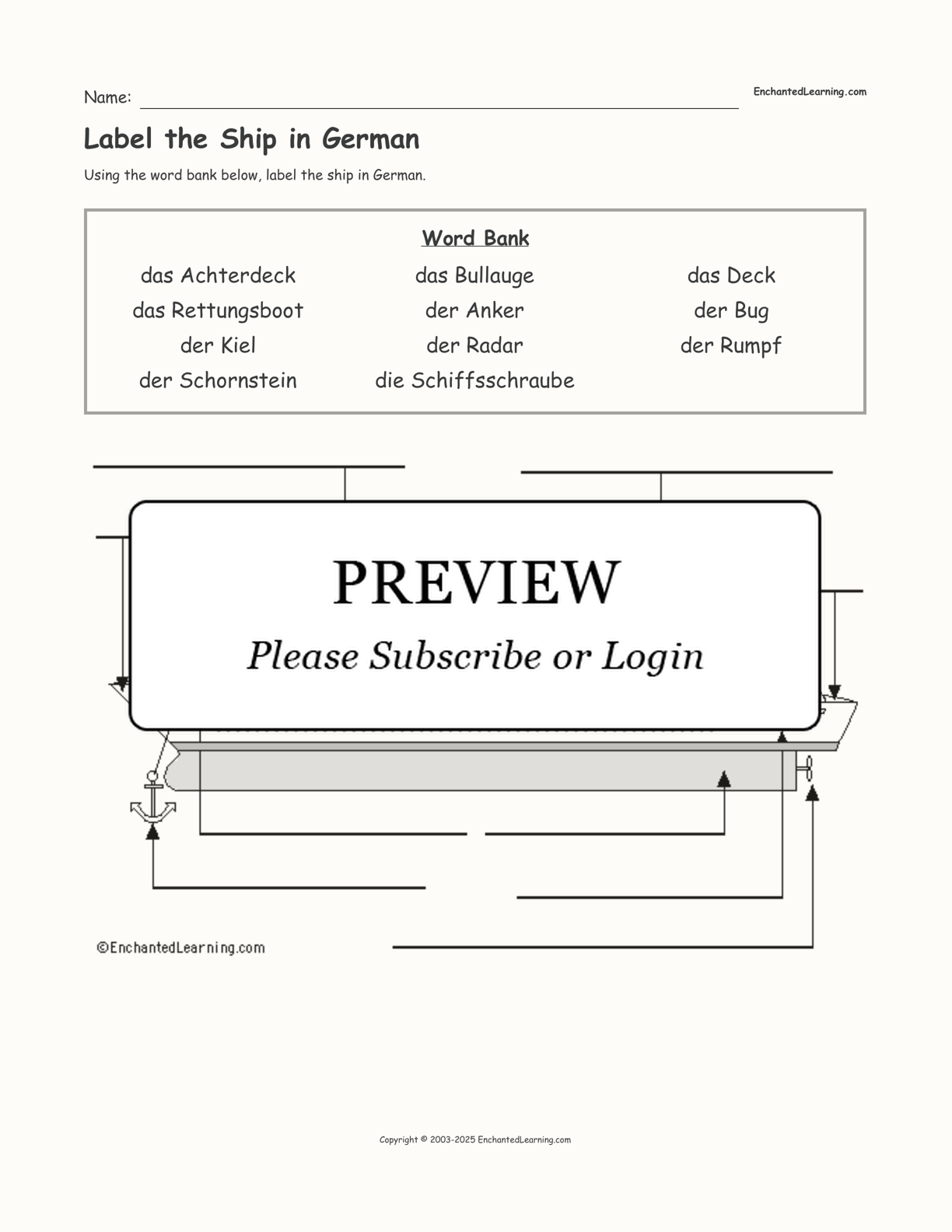 Label the Ship in German interactive worksheet page 1