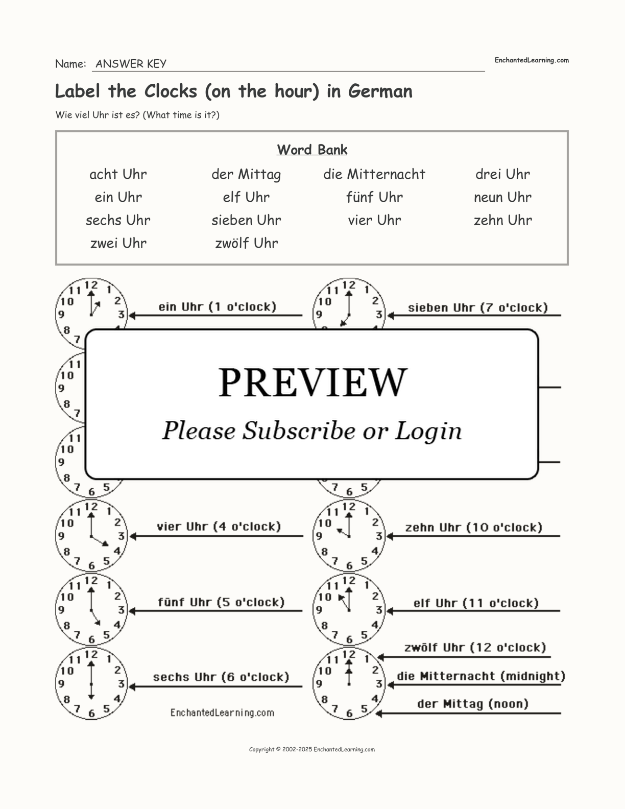 Label the Clocks (on the hour) in German interactive worksheet page 2