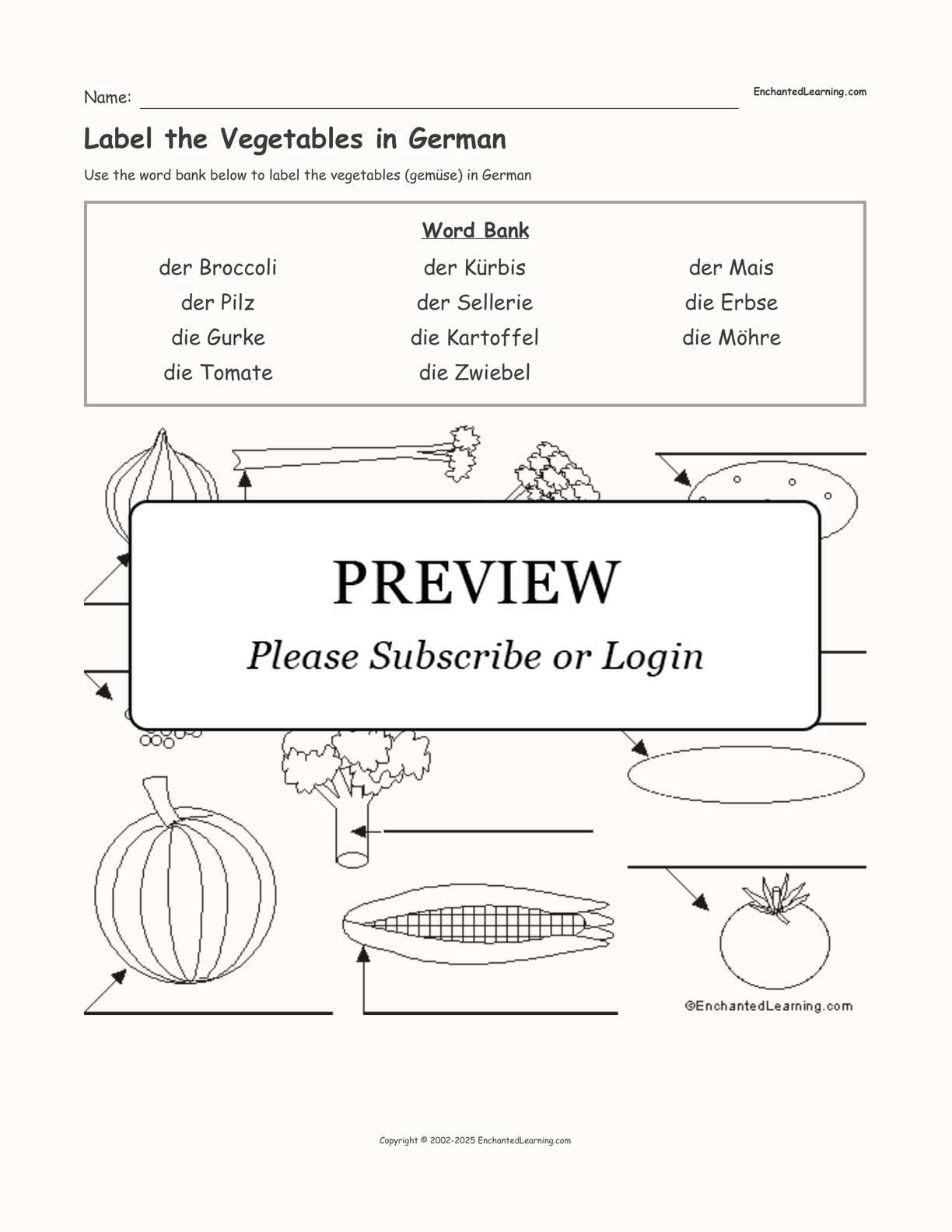 Label the Vegetables in German interactive worksheet page 1