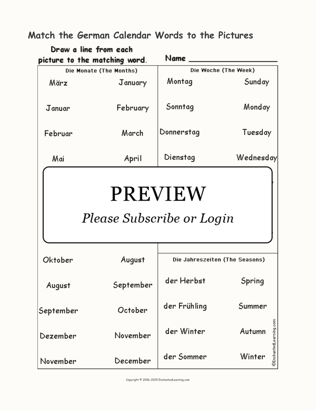 Match the German Calendar Words to the Pictures interactive worksheet page 1