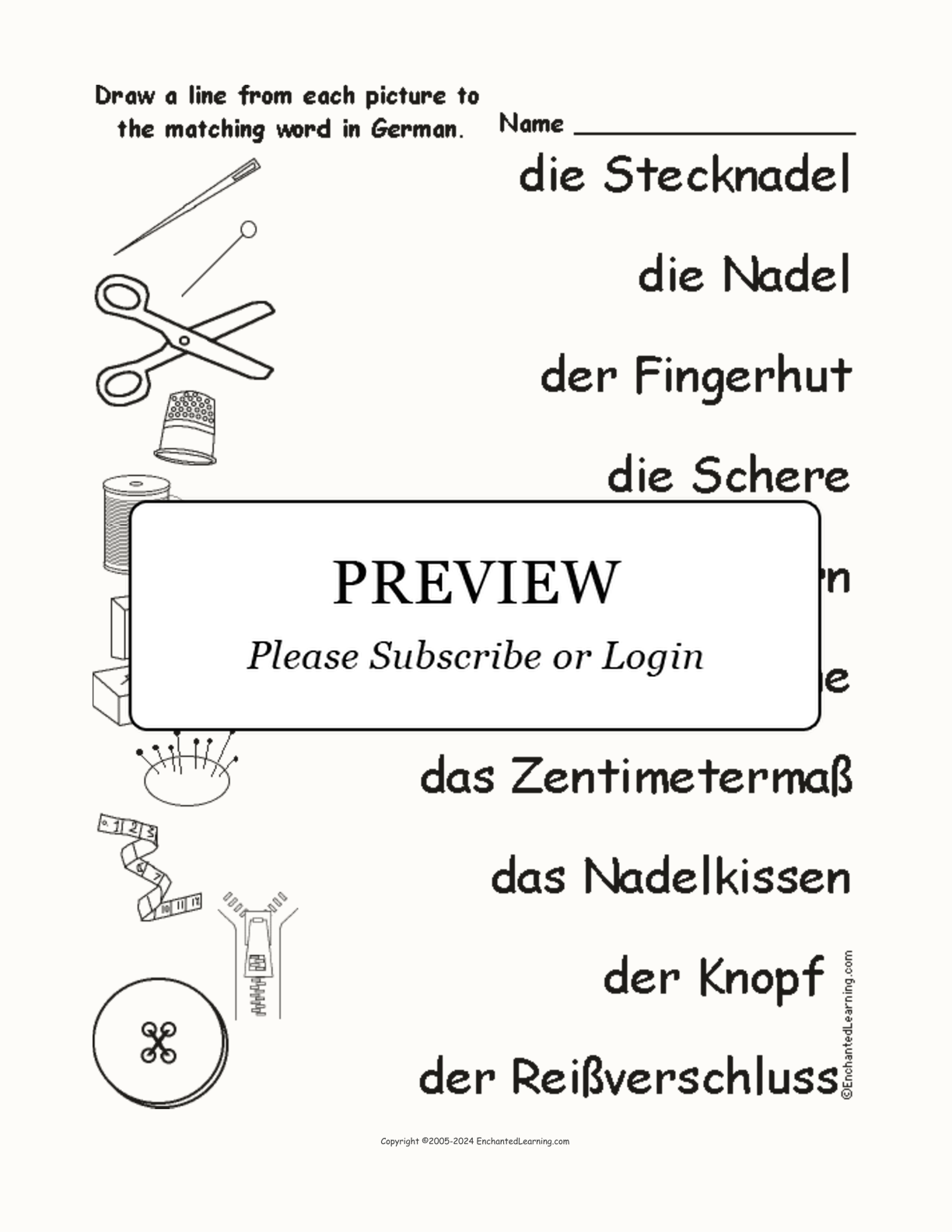 Match the German Sewing Words to the Pictures interactive worksheet page 1