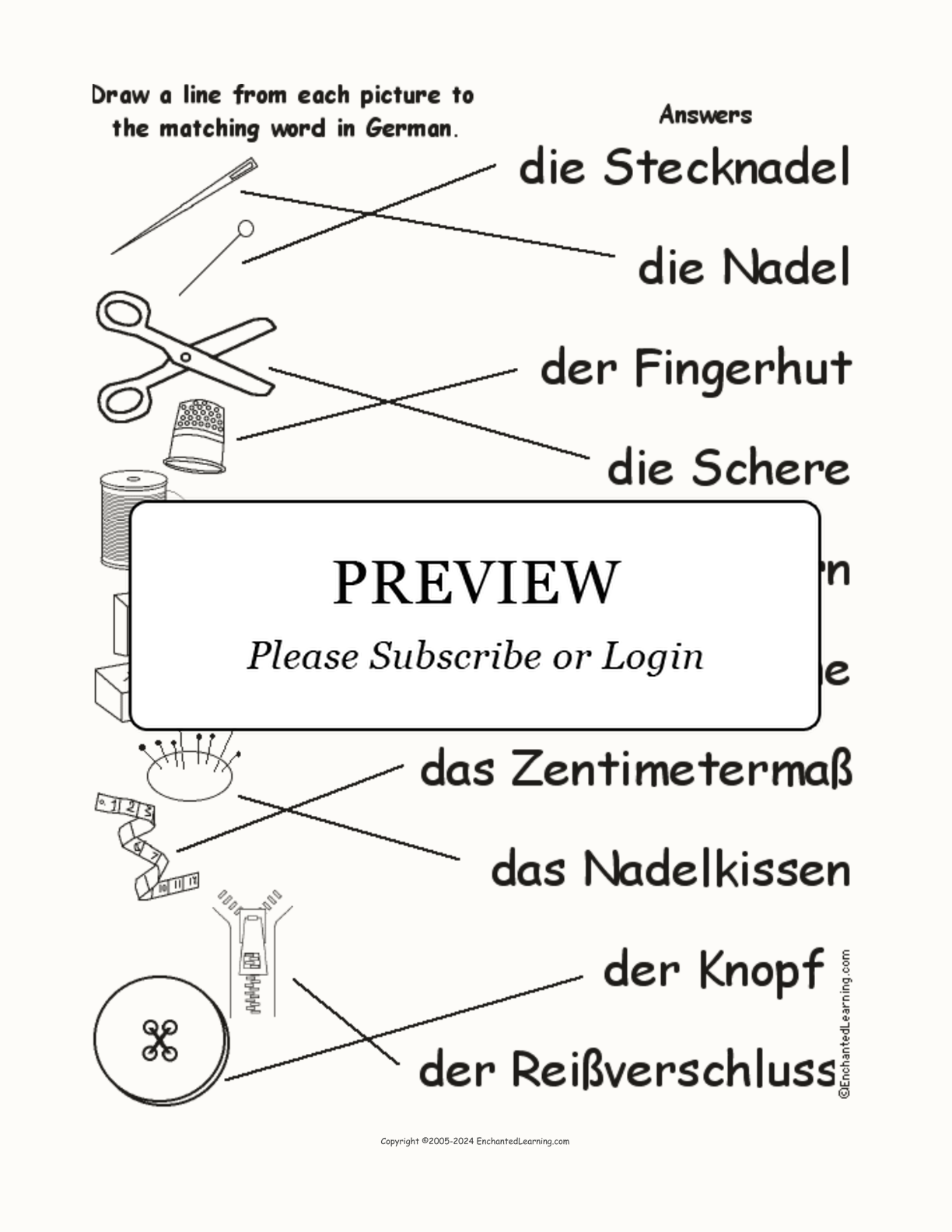 Match the German Sewing Words to the Pictures interactive worksheet page 2