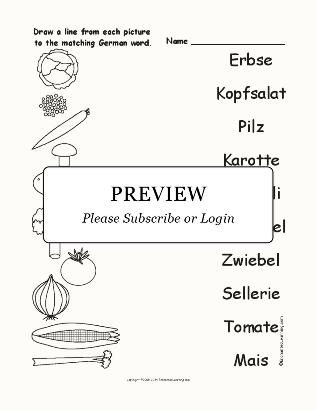 Match the German Vegetable Words to the Pictures interactive worksheet page 1