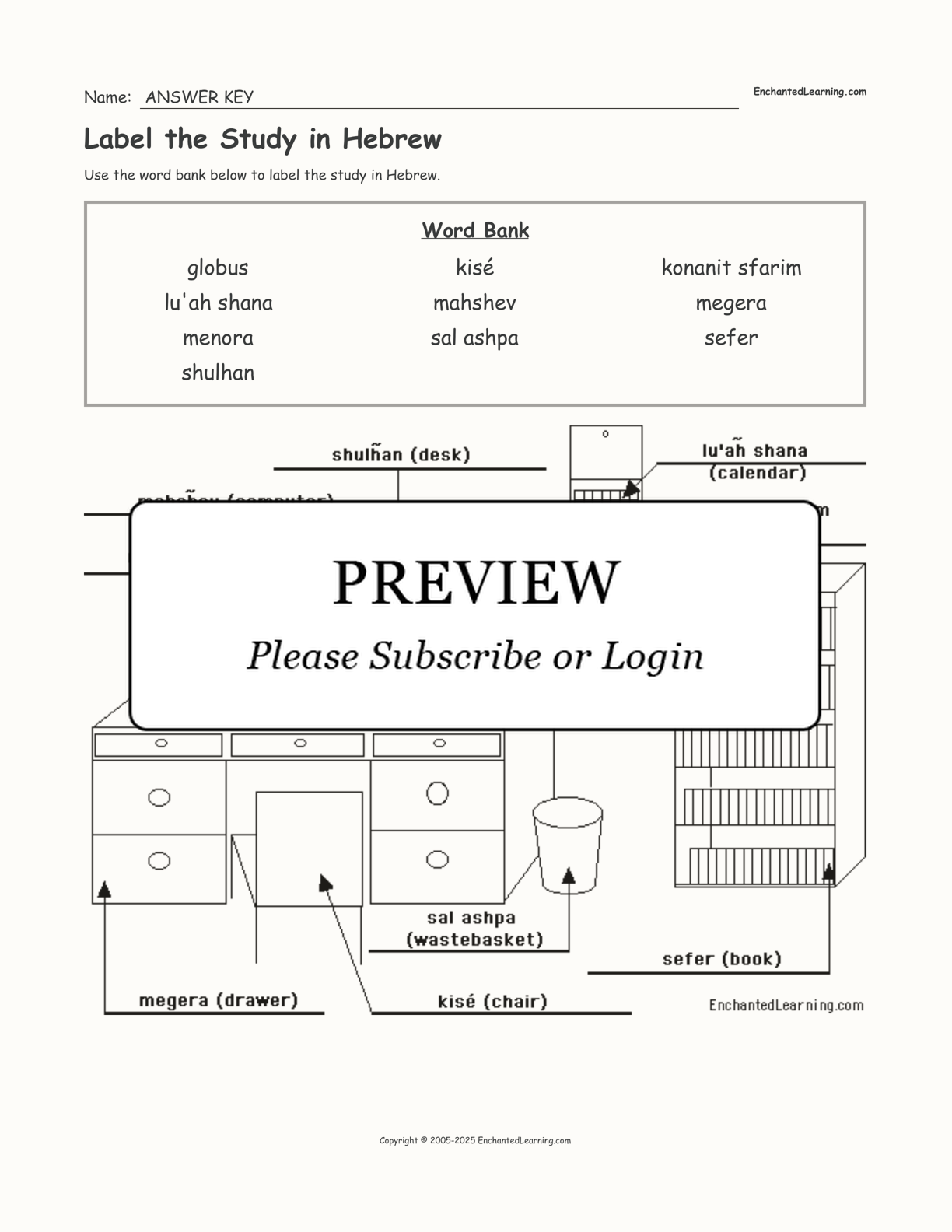 Label the Study in Hebrew interactive worksheet page 2