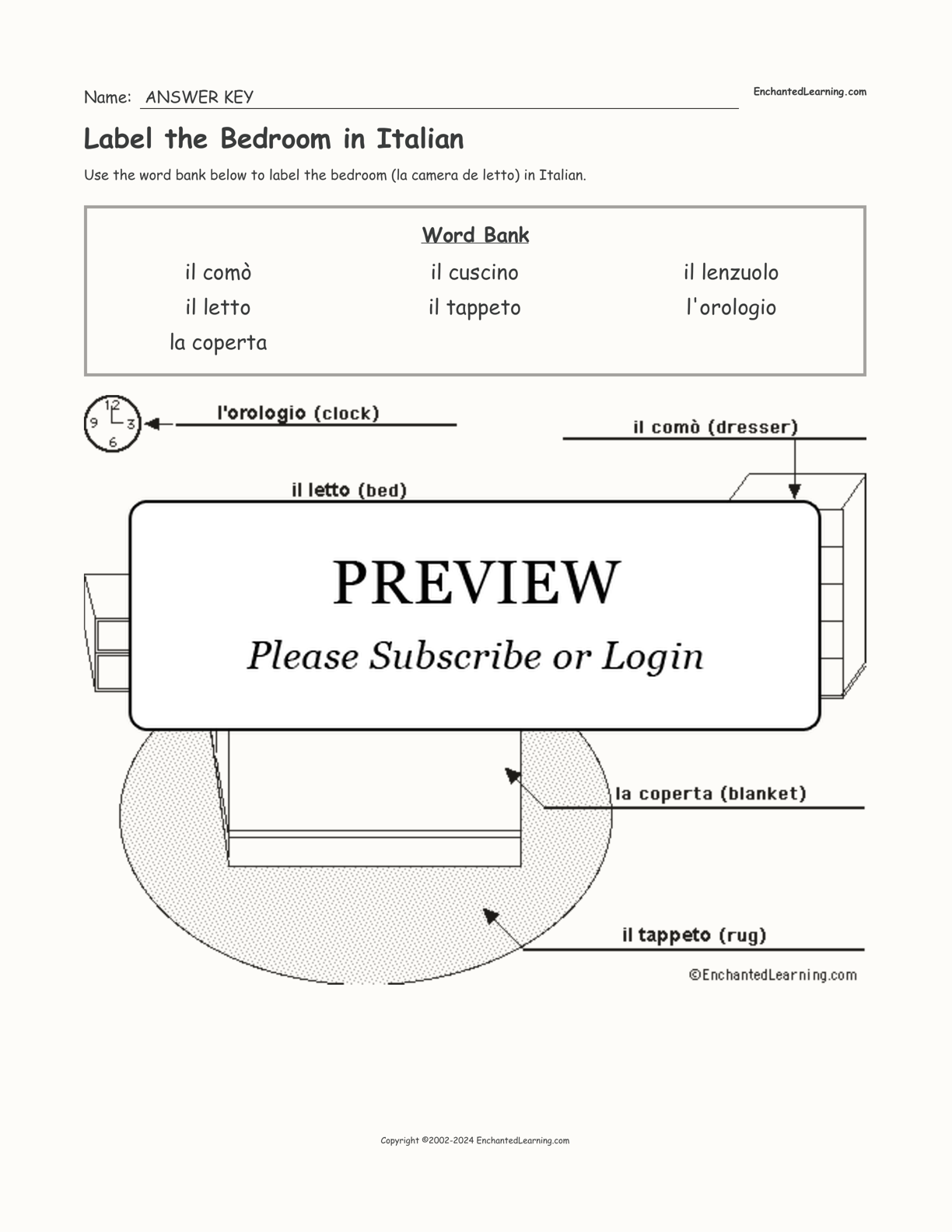 Label the Bedroom in Italian interactive worksheet page 2
