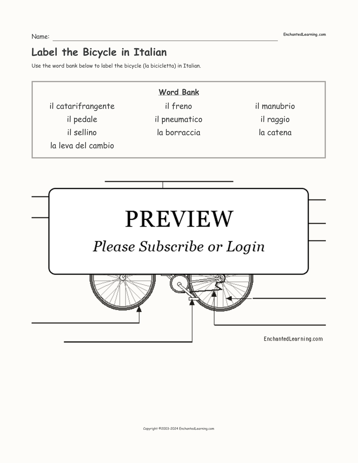 Label the Bicycle in Italian interactive worksheet page 1