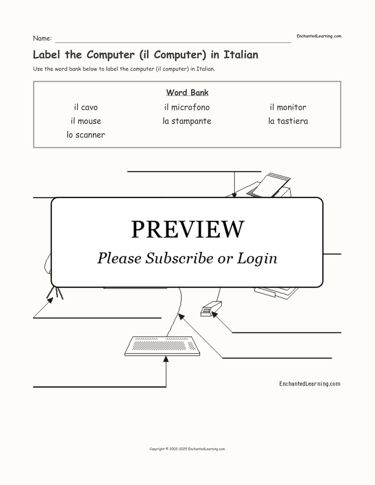 Label the Computer (il Computer) in Italian interactive worksheet page 1