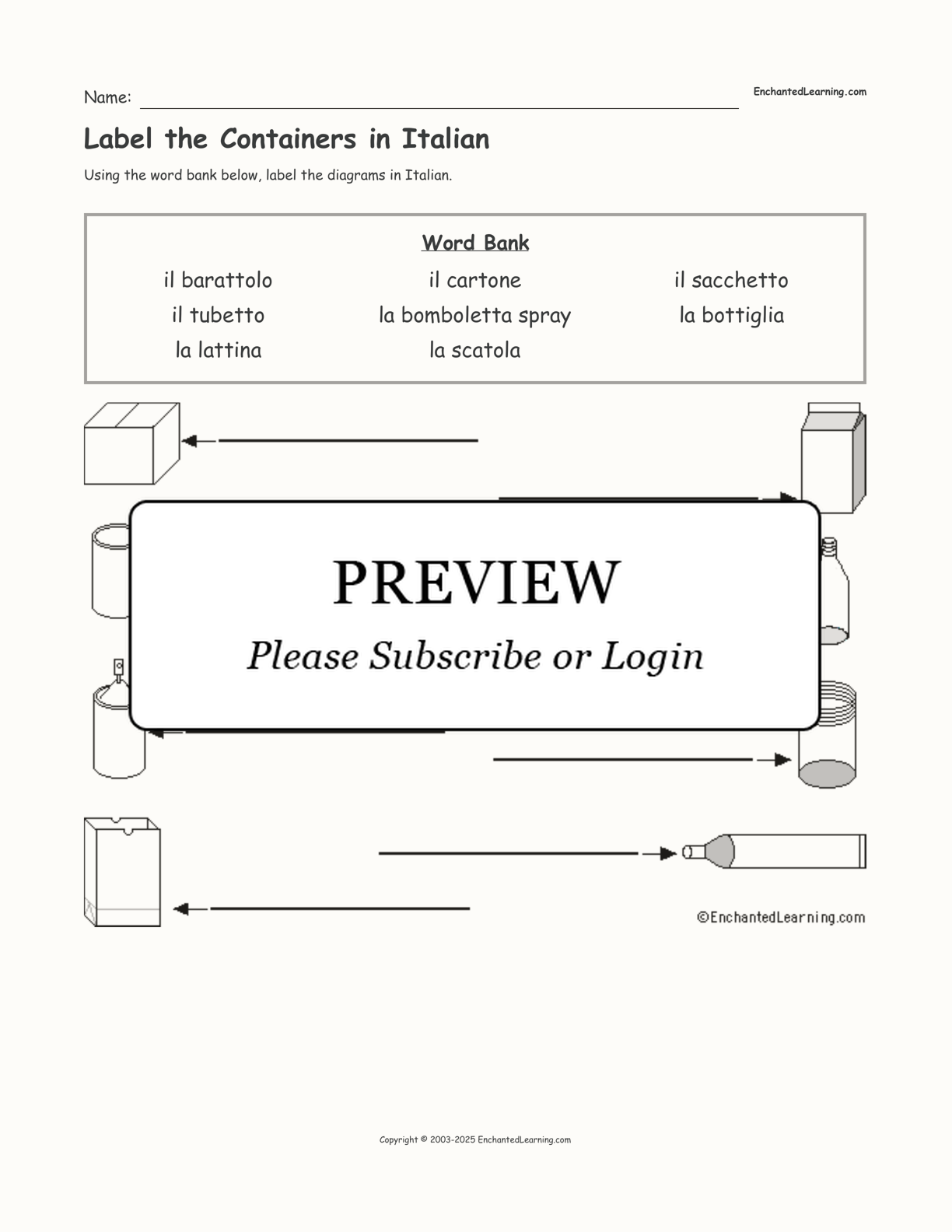 Label the Containers in Italian interactive worksheet page 1