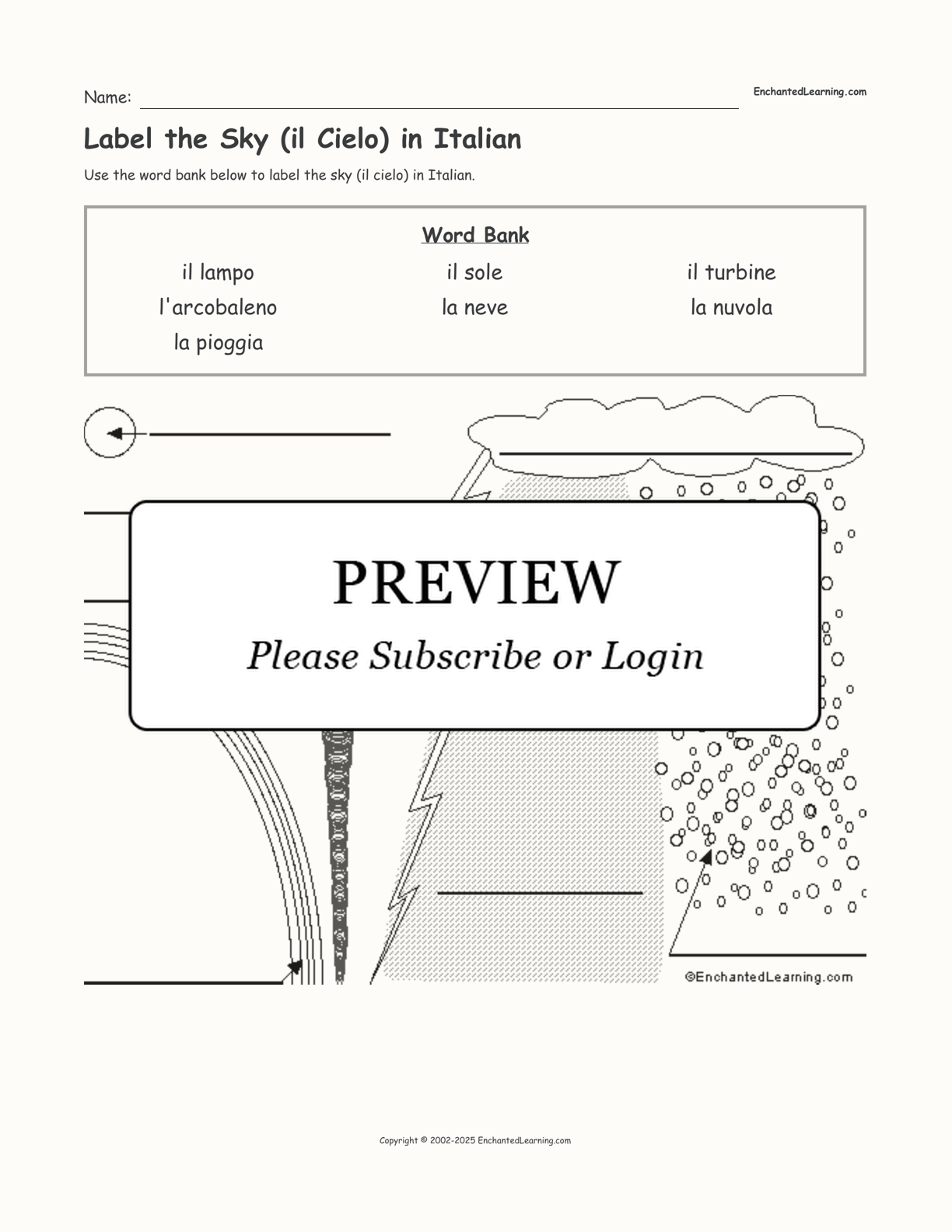 Label the Sky (il Cielo) in Italian interactive worksheet page 1