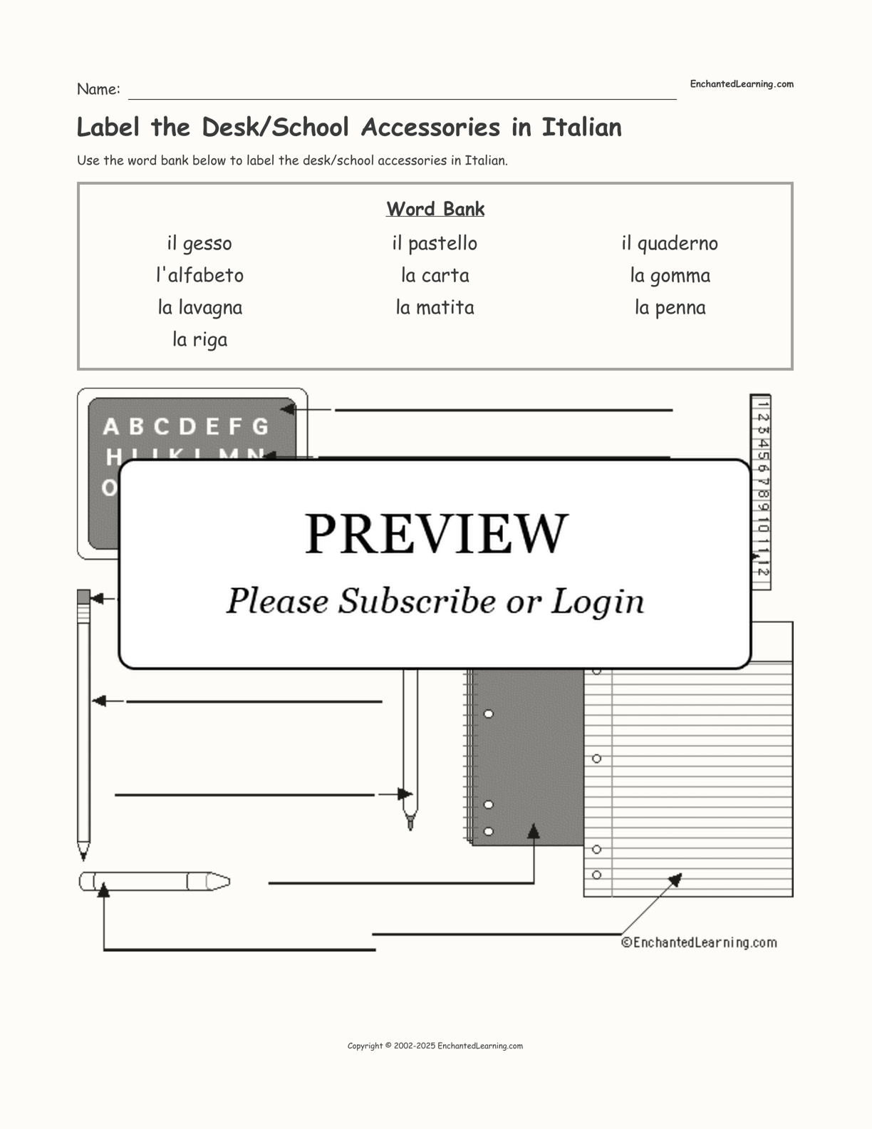 Label the Desk/School Accessories in Italian interactive worksheet page 1