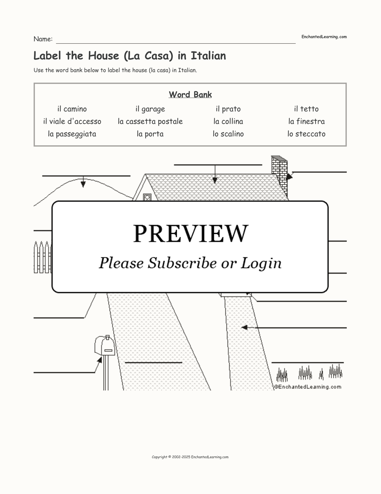 Label the House (La Casa) in Italian interactive worksheet page 1