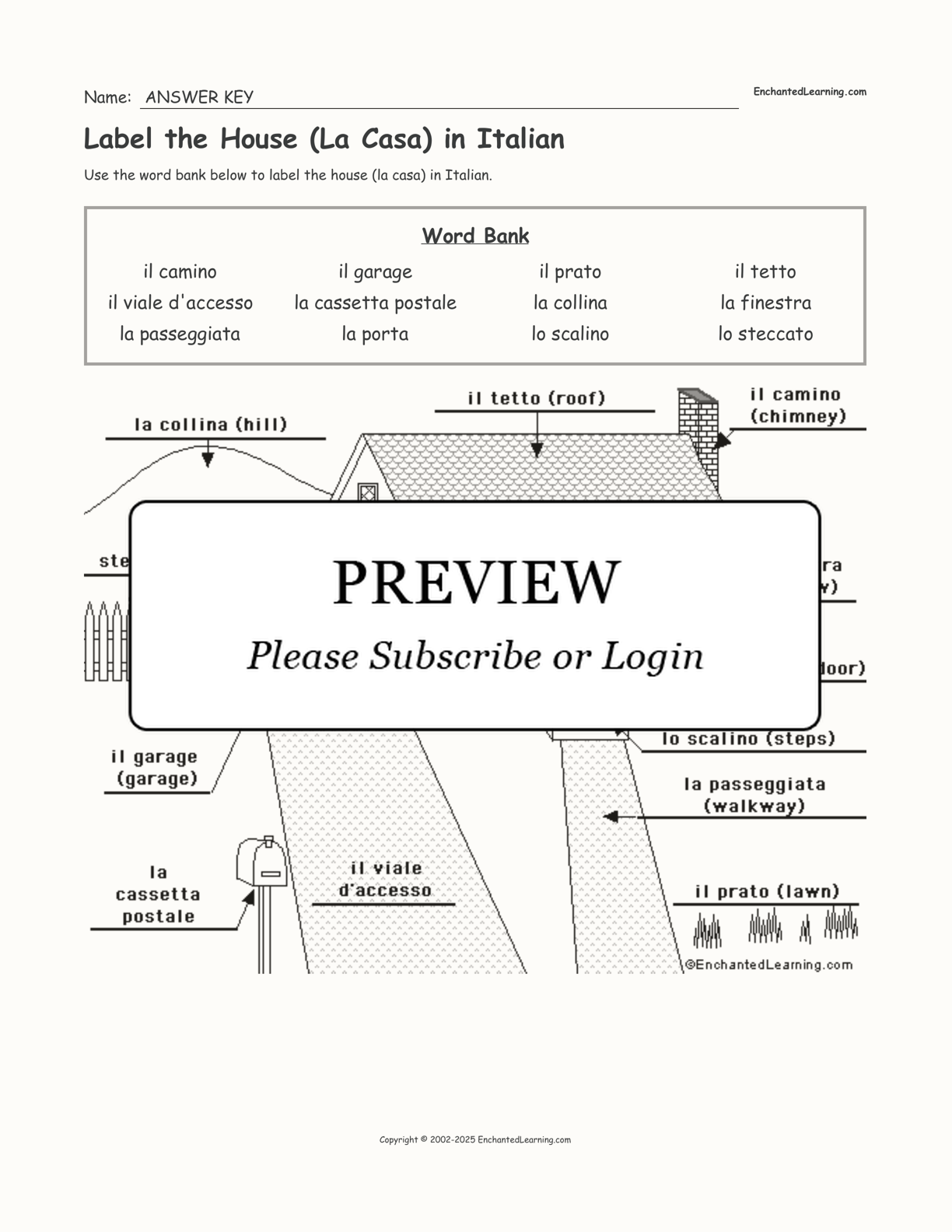 Label the House (La Casa) in Italian interactive worksheet page 2