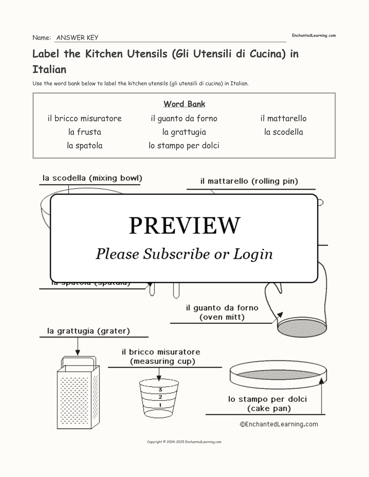 Label the Kitchen Utensils (Gli Utensili di Cucina) in Italian - Enchanted  Learning