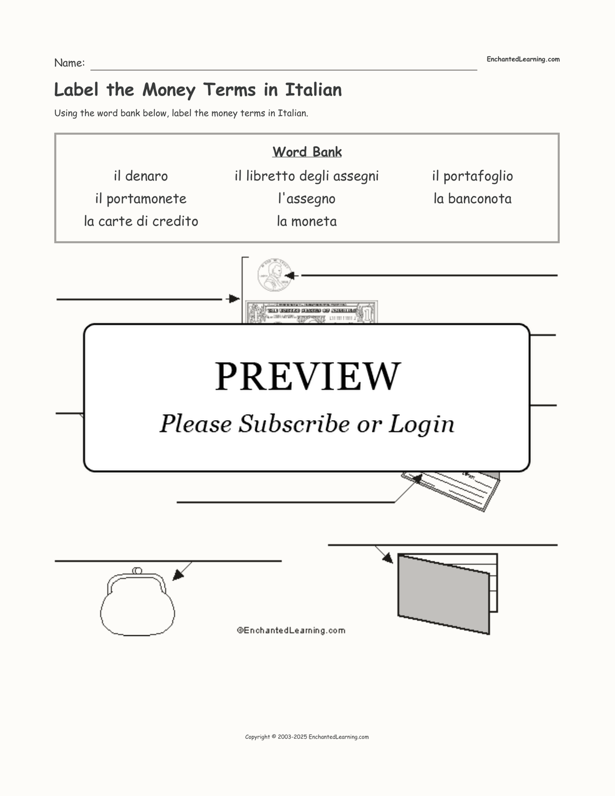 Label the Money Terms in Italian interactive worksheet page 1