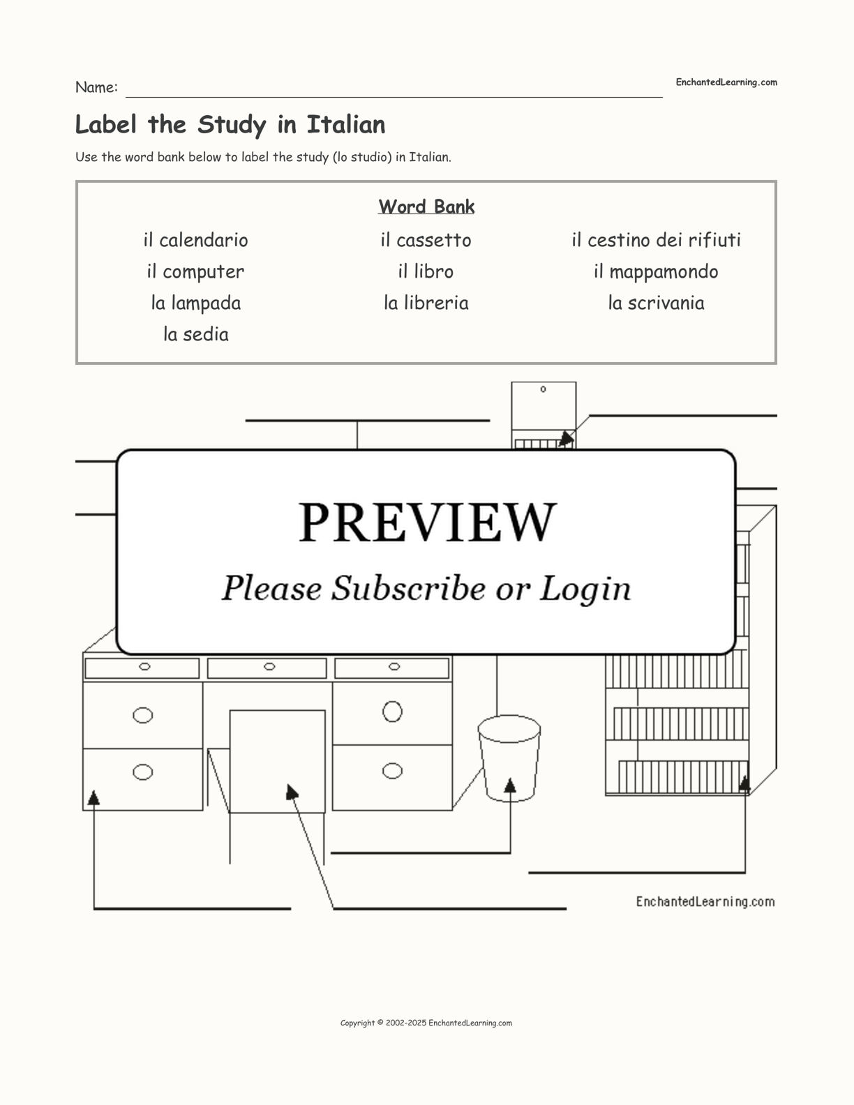 Label the Study in Italian interactive worksheet page 1