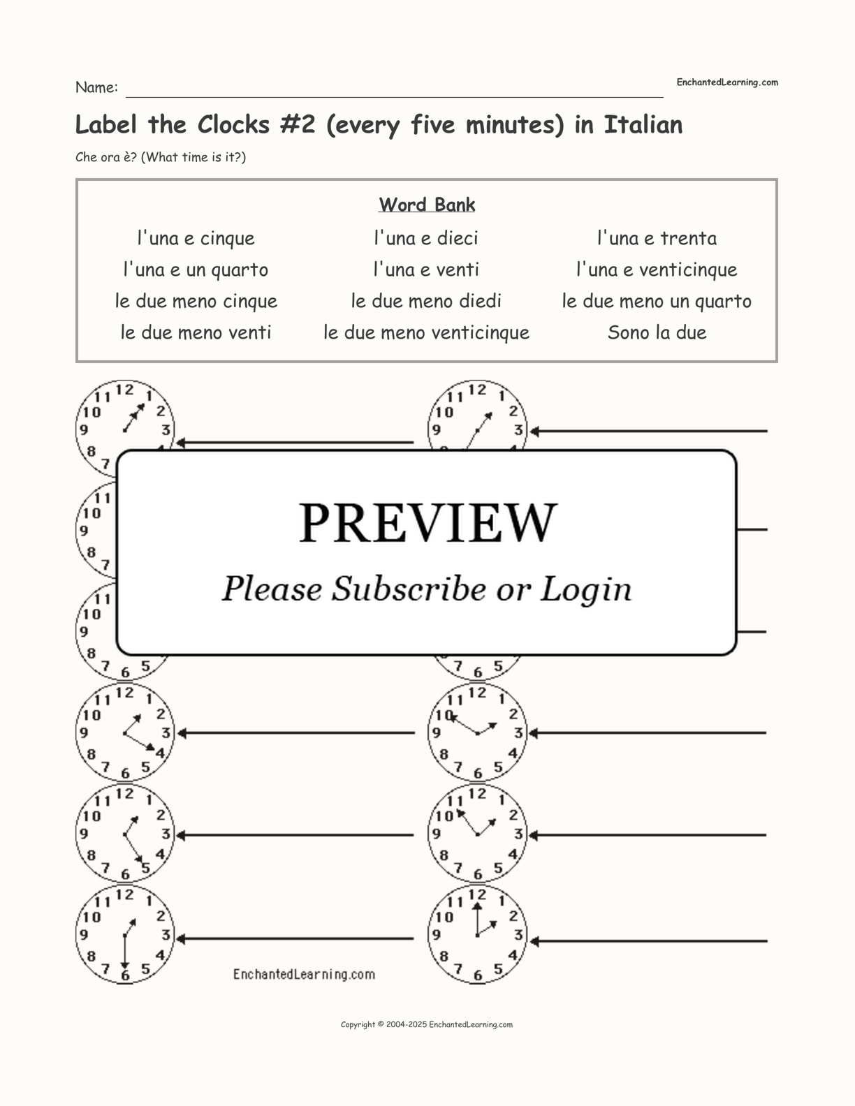 Label the Clocks #2 (every five minutes) in Italian interactive worksheet page 1