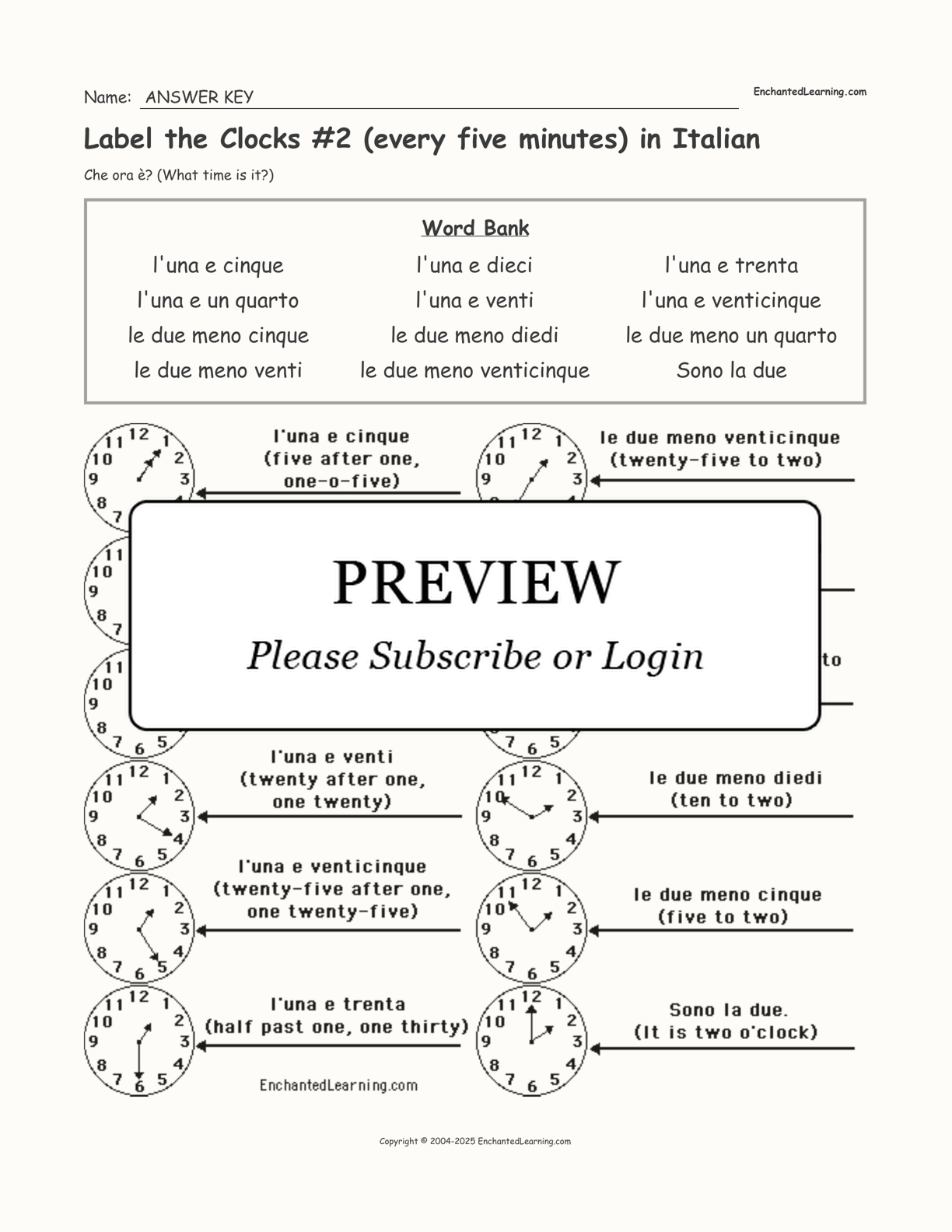 Label the Clocks #2 (every five minutes) in Italian interactive worksheet page 2