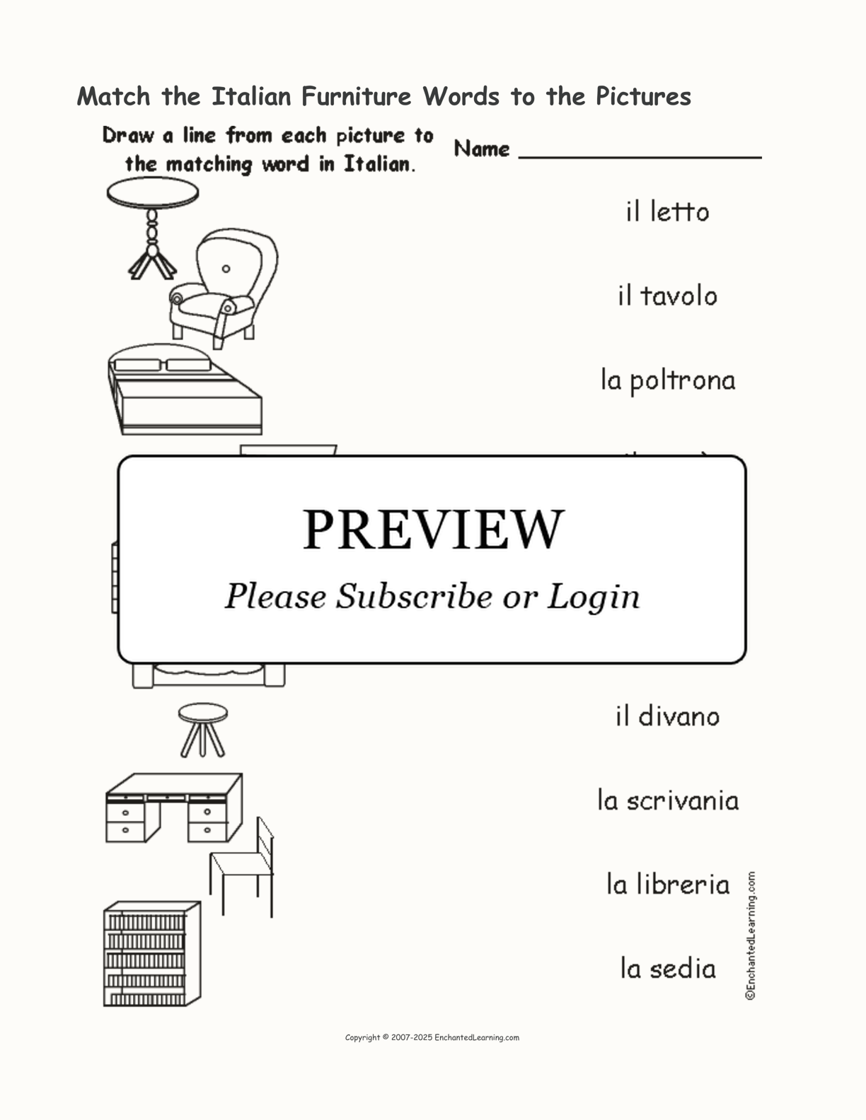 Match the Italian Furniture Words to the Pictures interactive worksheet page 1