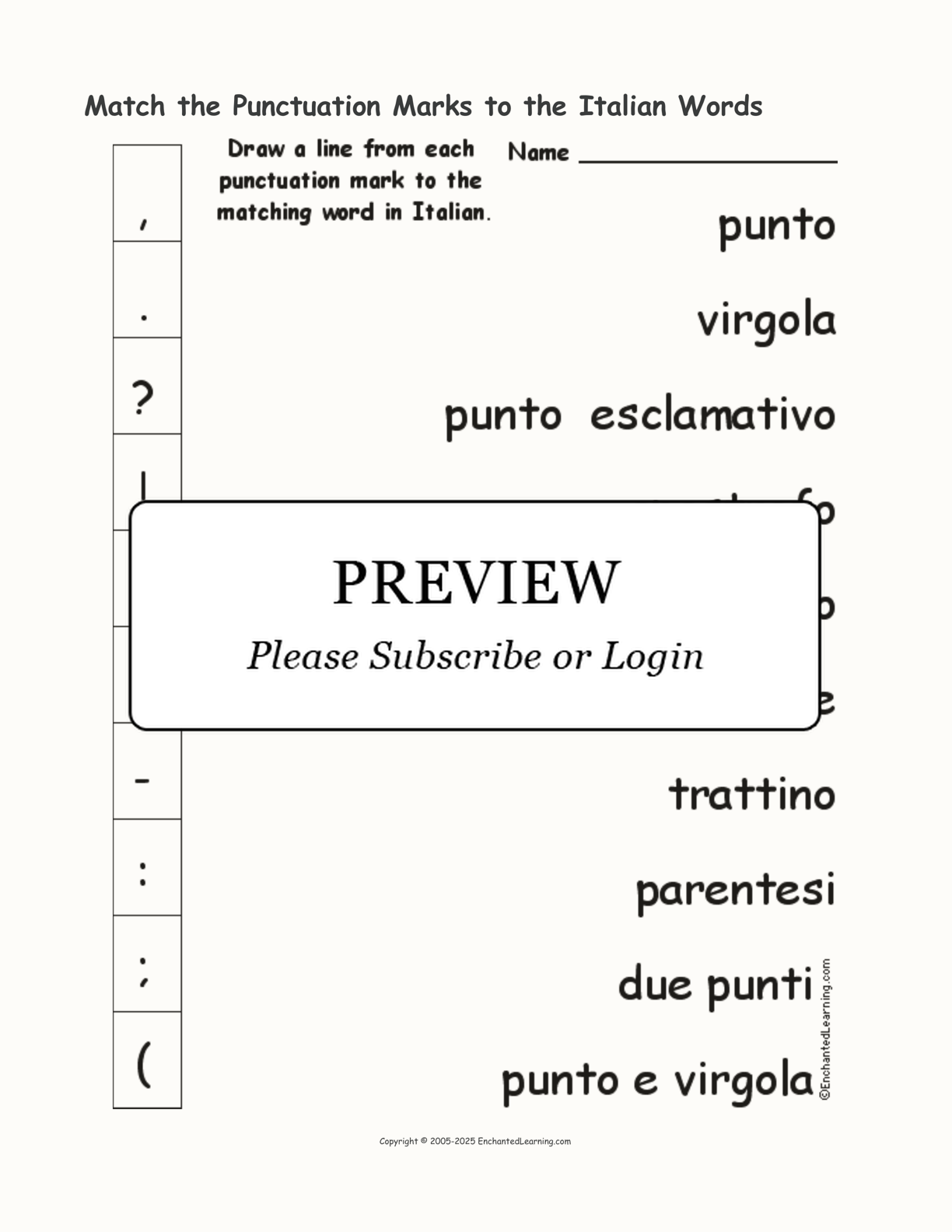 Match the Punctuation Marks to the Italian Words interactive worksheet page 1