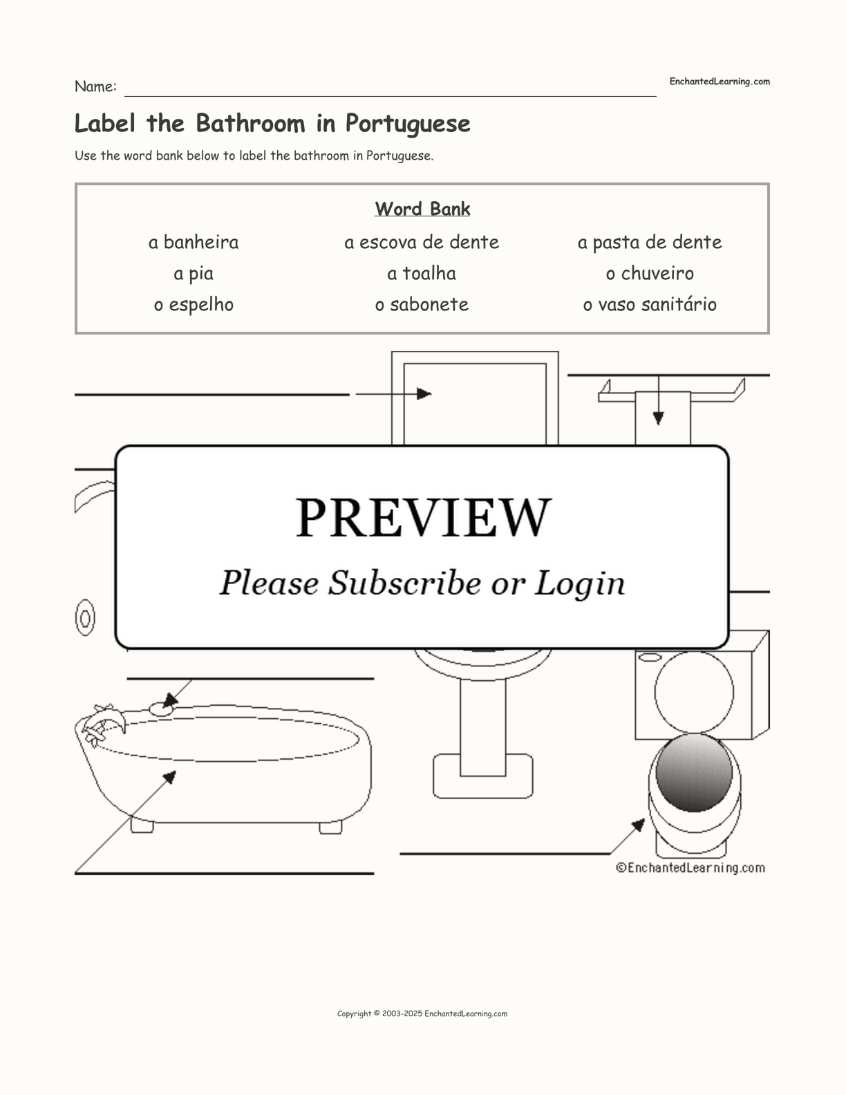 Label the Bathroom in Portuguese interactive worksheet page 1