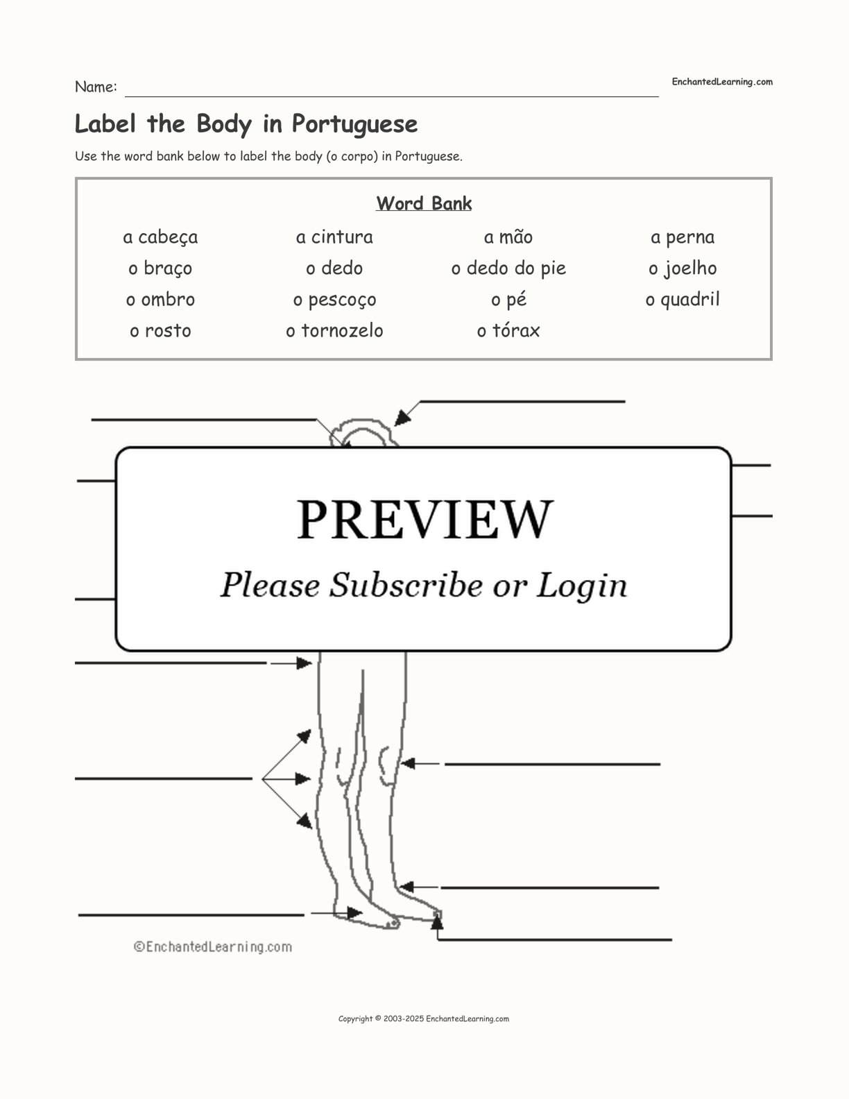 Label the Body in Portuguese interactive worksheet page 1