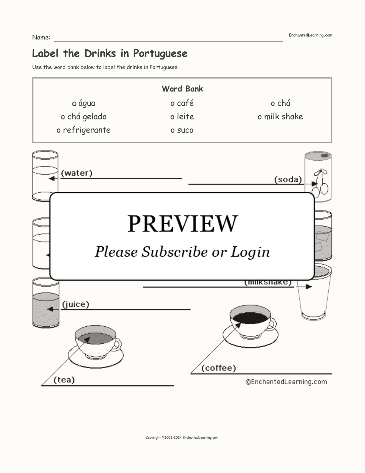 Label the Drinks in Portuguese interactive worksheet page 1