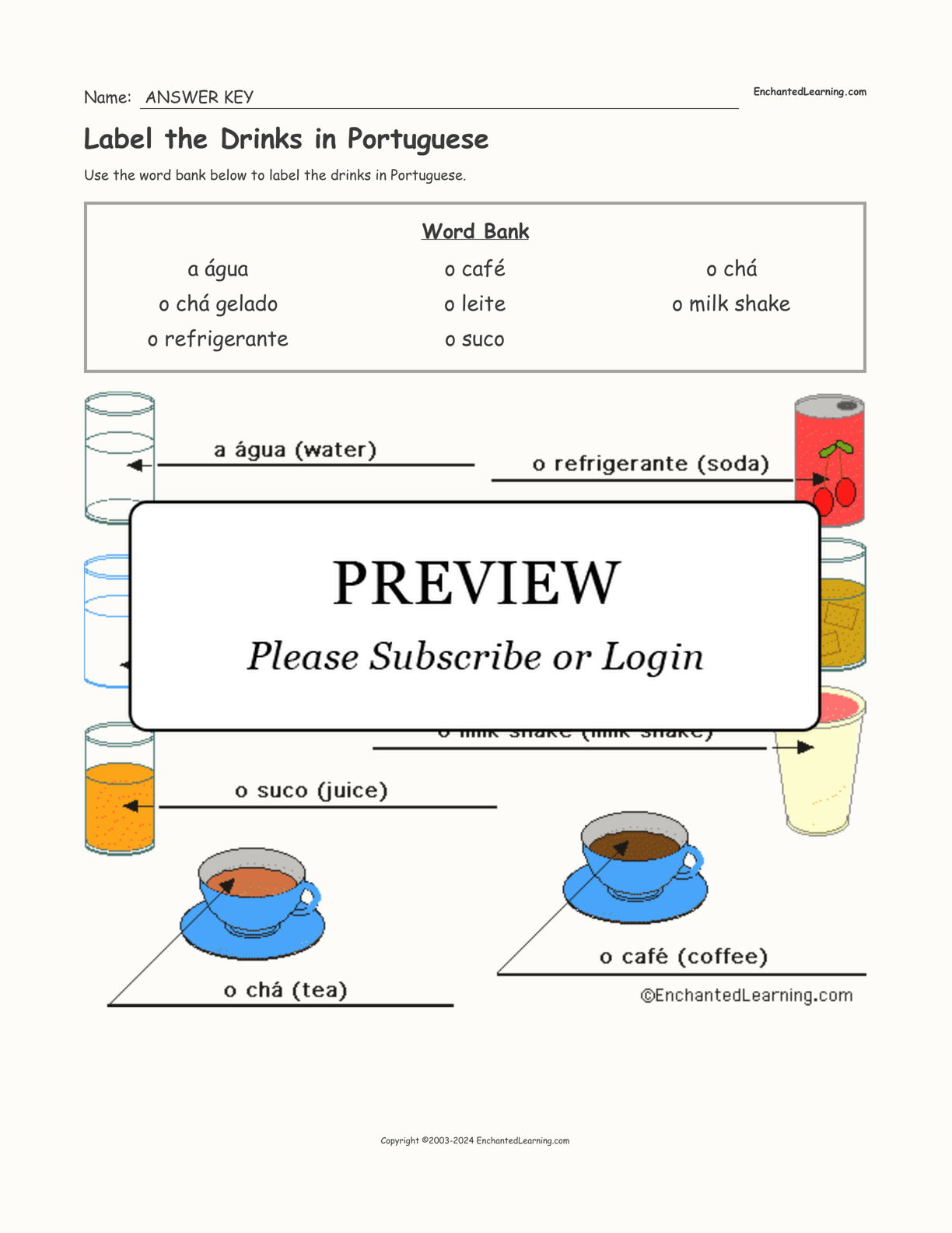 Label the Drinks in Portuguese interactive worksheet page 2