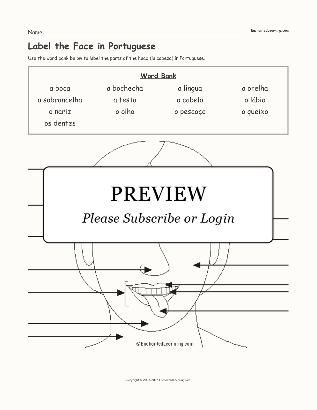 Label the Face in Portuguese interactive worksheet page 1