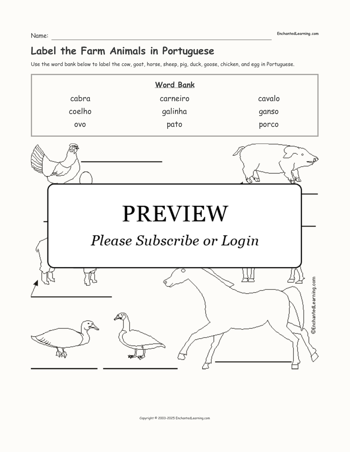 Label the Farm Animals in Portuguese interactive worksheet page 1