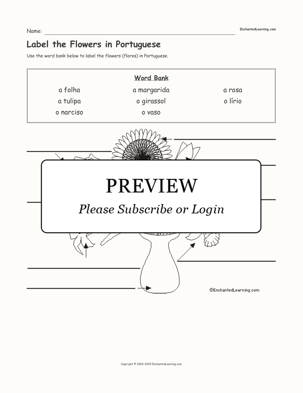 Label the Flowers in Portuguese interactive worksheet page 1