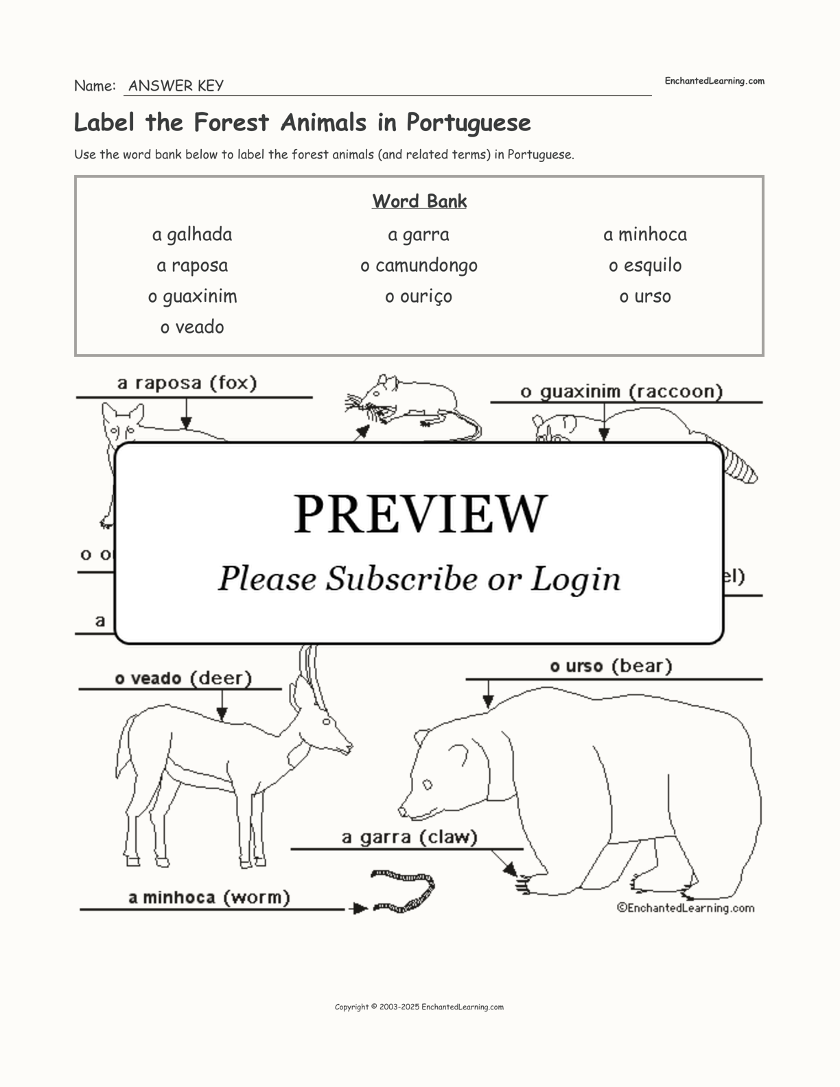 Label the Forest Animals in Portuguese interactive worksheet page 2