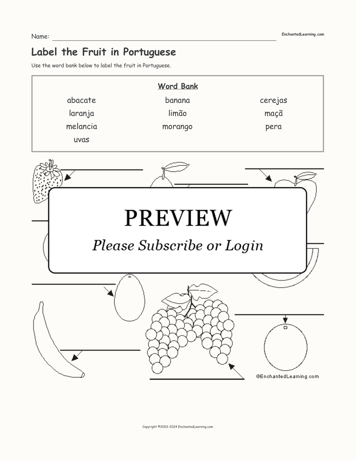 Label the Fruit in Portuguese interactive worksheet page 1