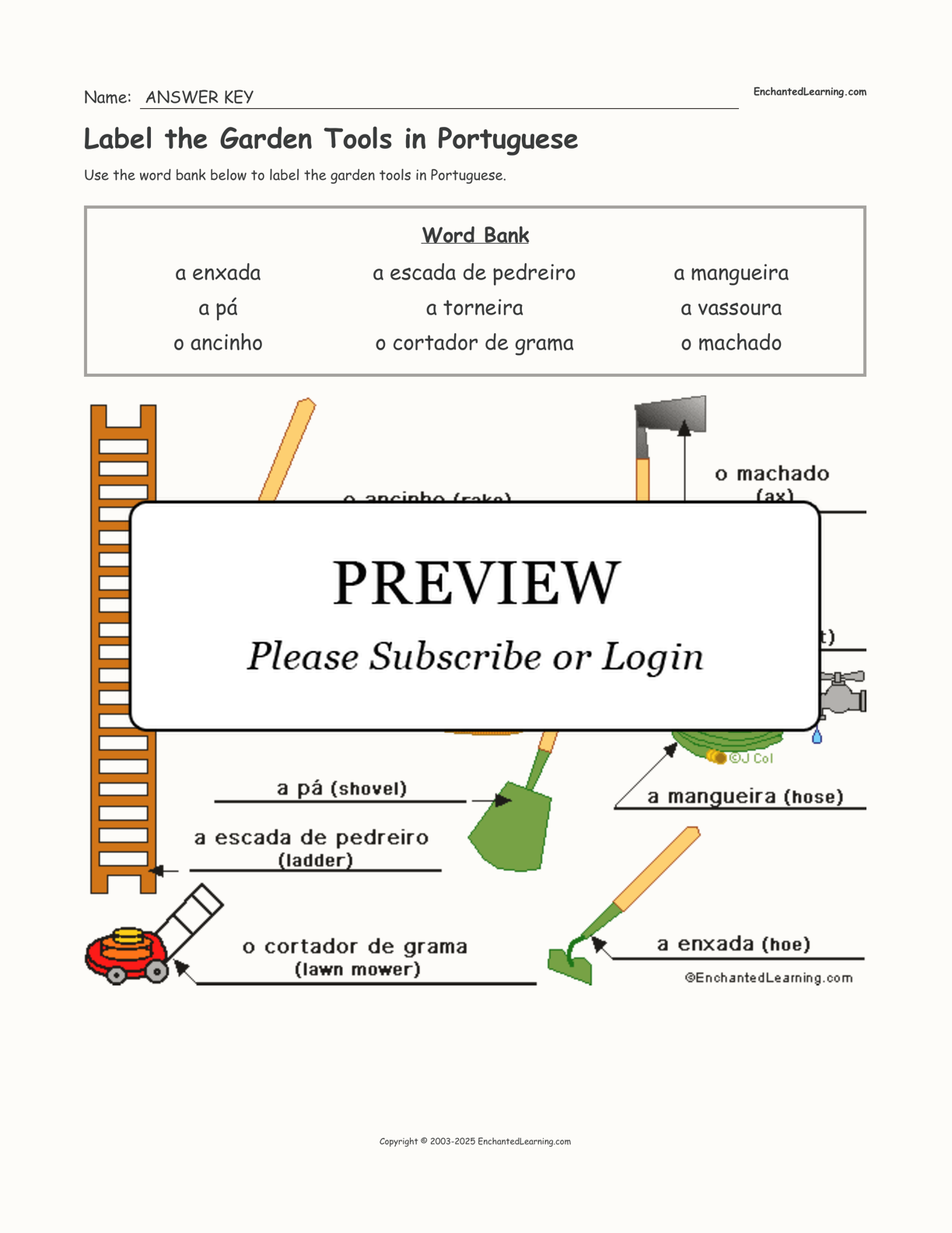 Label the Garden Tools in Portuguese interactive worksheet page 2