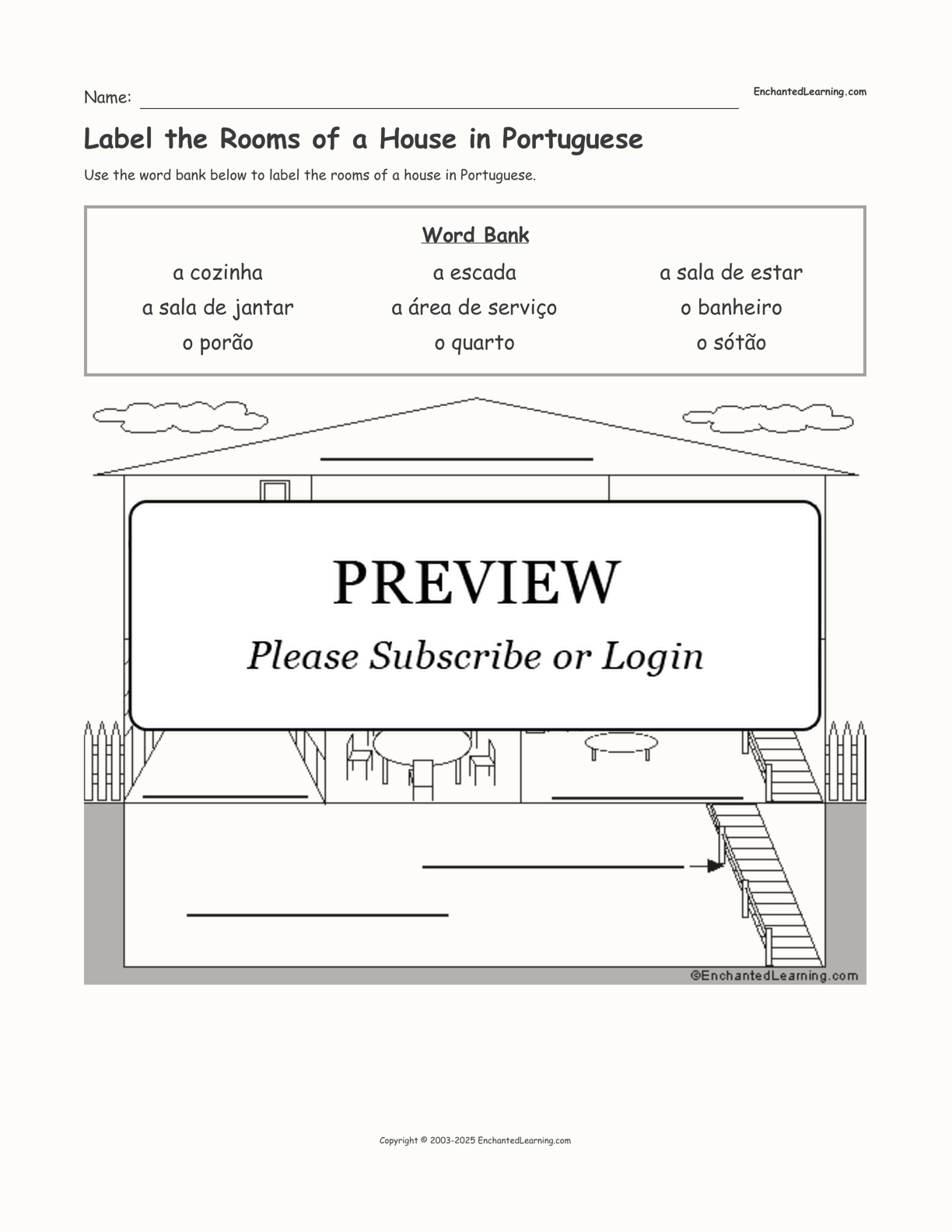 Label the Rooms of a House in Portuguese interactive worksheet page 1