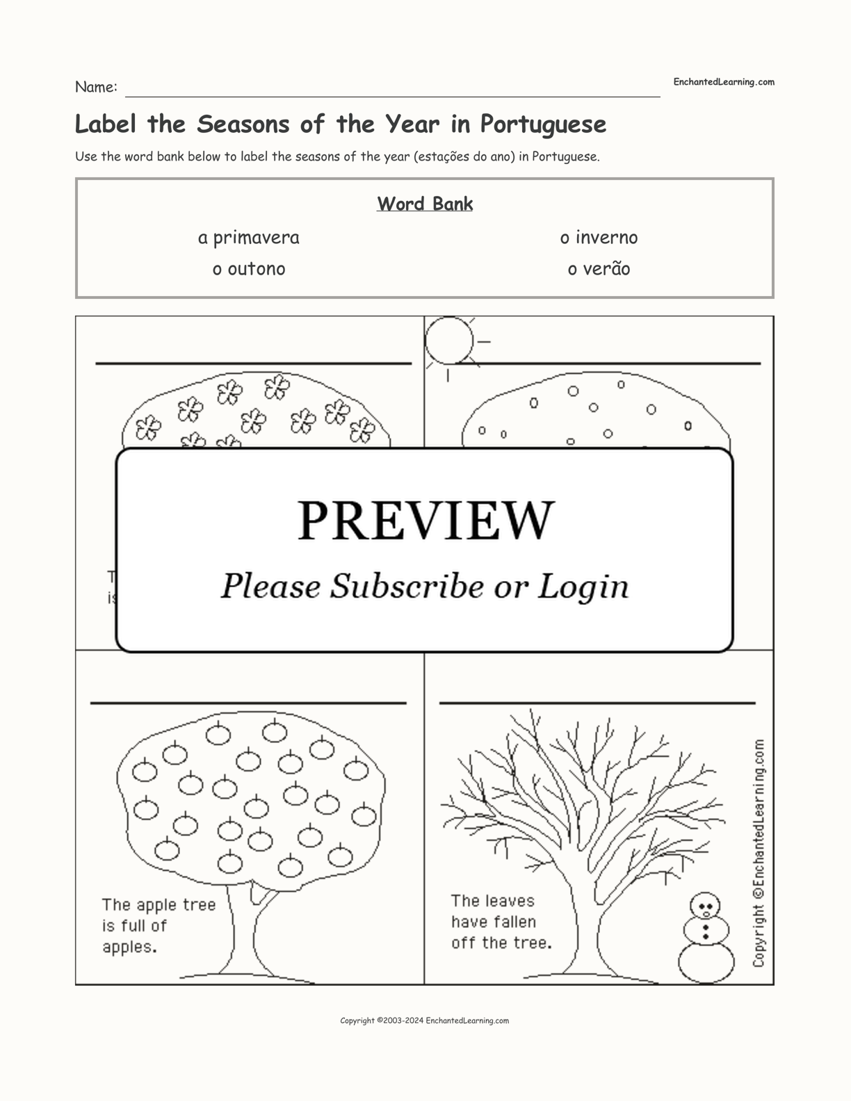 Label the Seasons of the Year in Portuguese interactive worksheet page 1