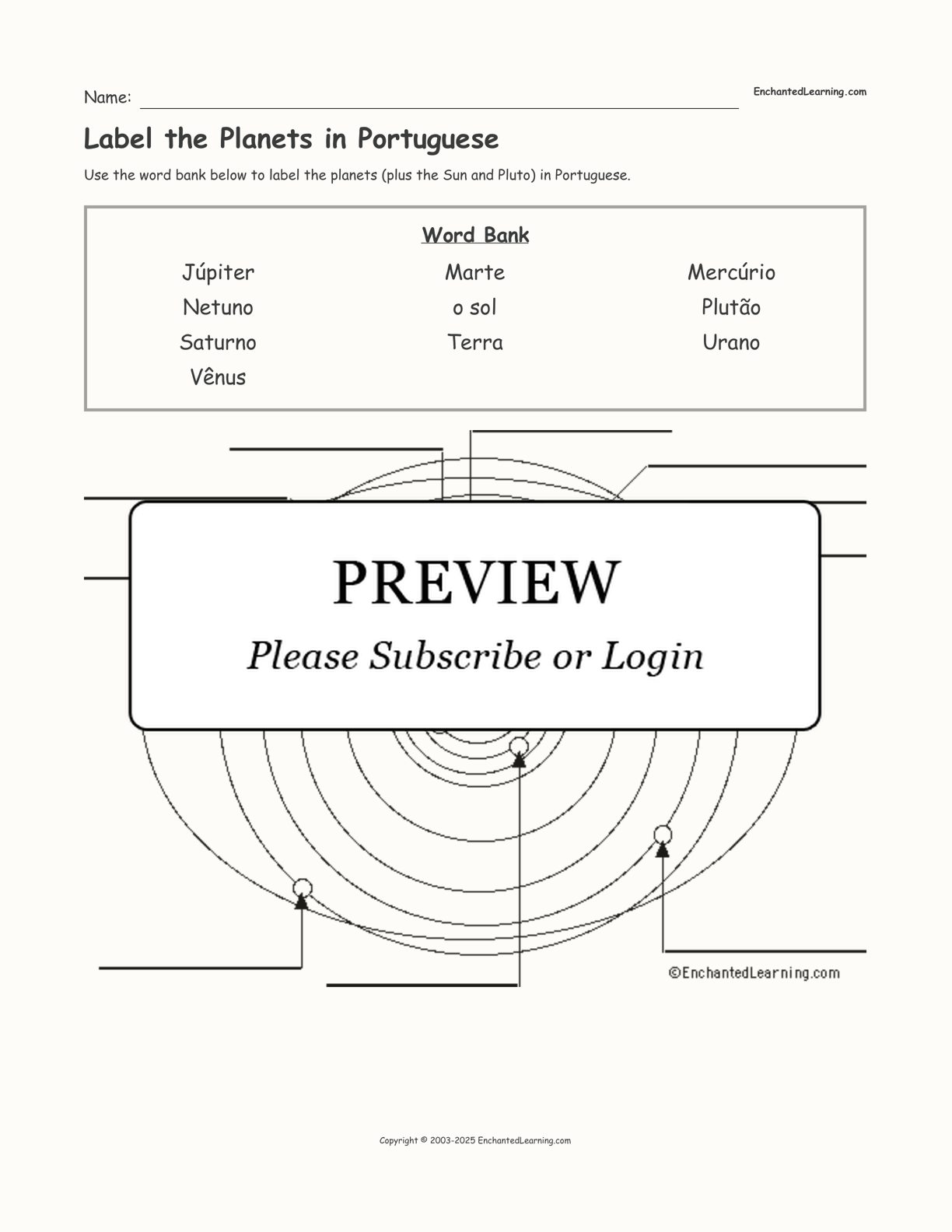 Label the Planets in Portuguese interactive worksheet page 1