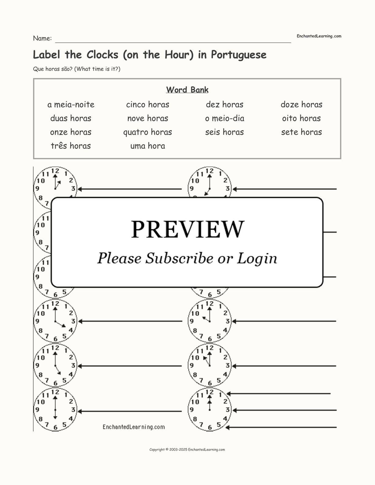 Label the Clocks (on the Hour) in Portuguese interactive worksheet page 1