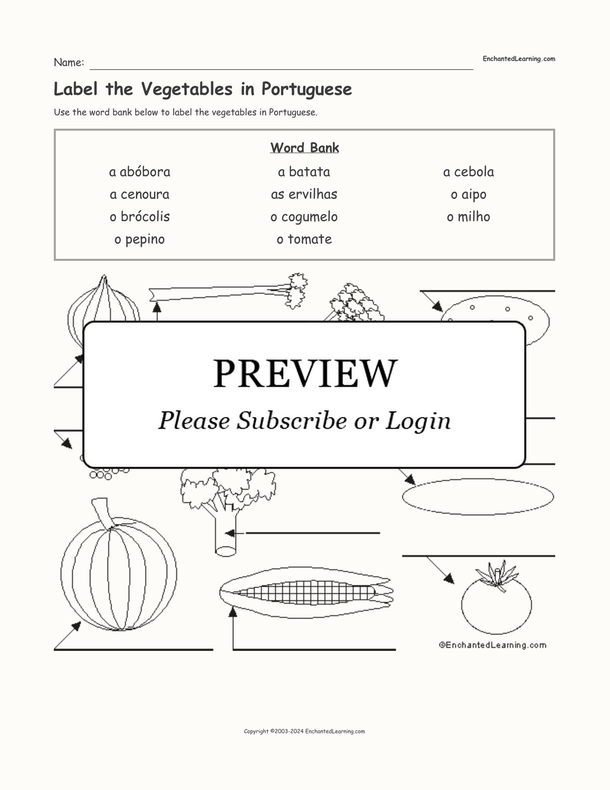 Label the Vegetables in Portuguese interactive worksheet page 1