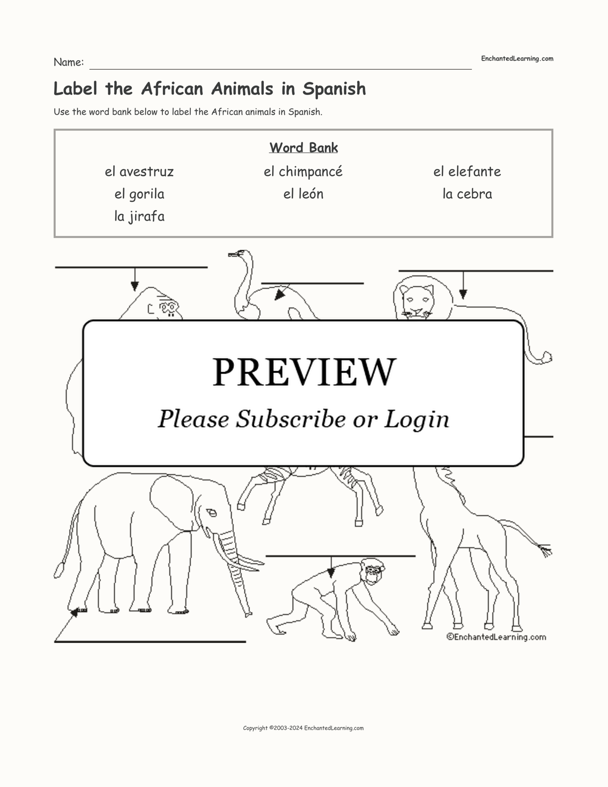 Label the African Animals in Spanish interactive worksheet page 1