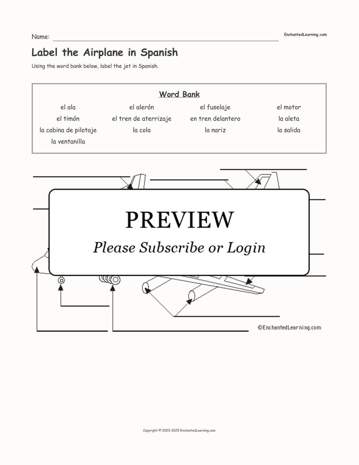 Label the Airplane in Spanish interactive worksheet page 1