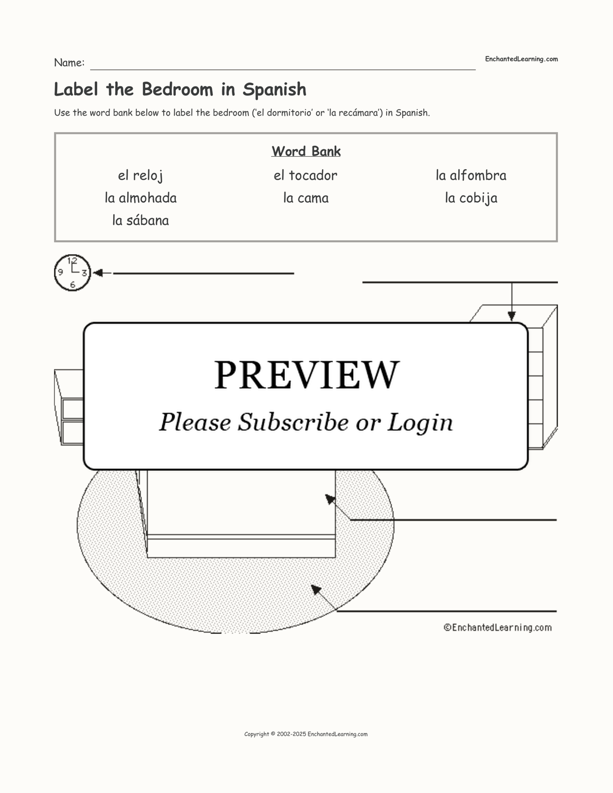 Label the Bedroom in Spanish interactive worksheet page 1