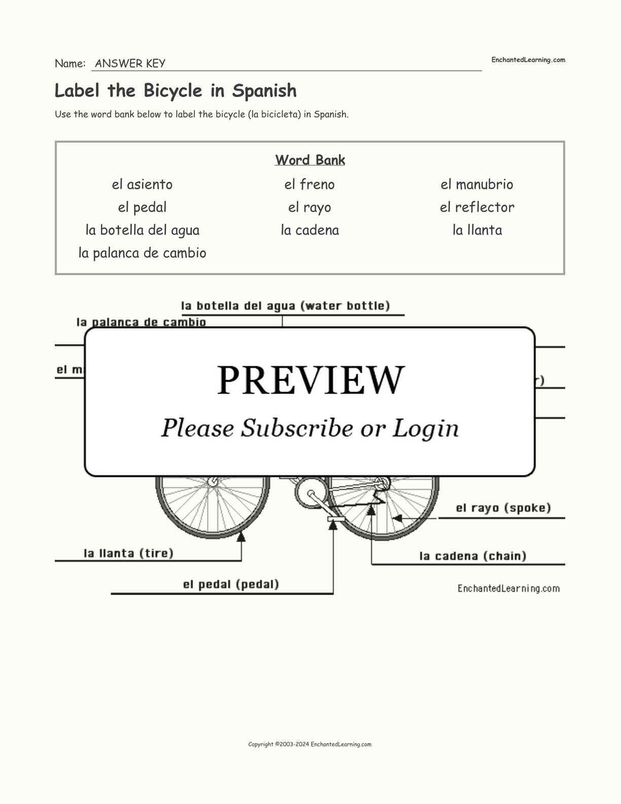 Label the Bicycle in Spanish interactive worksheet page 2