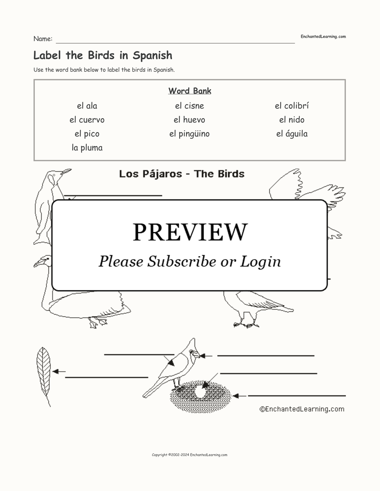 Label the Birds in Spanish interactive worksheet page 1