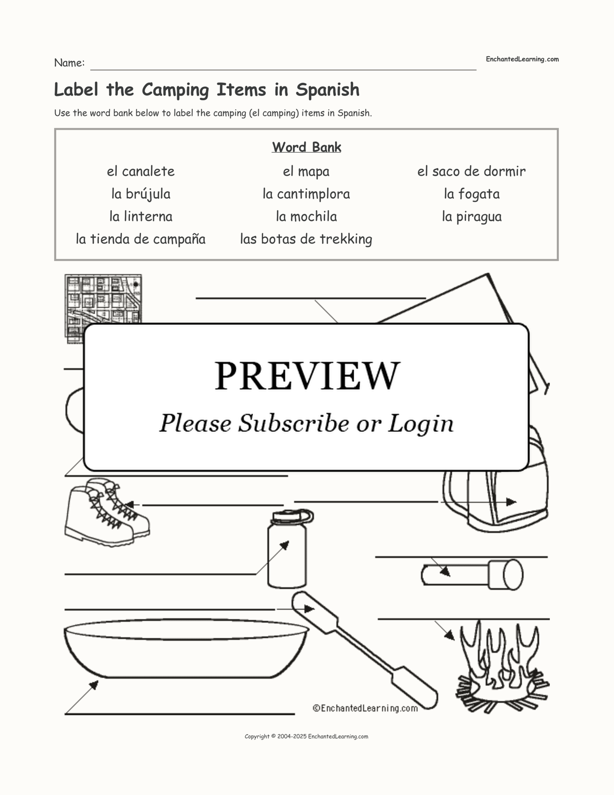 Label the Camping Items in Spanish interactive worksheet page 1