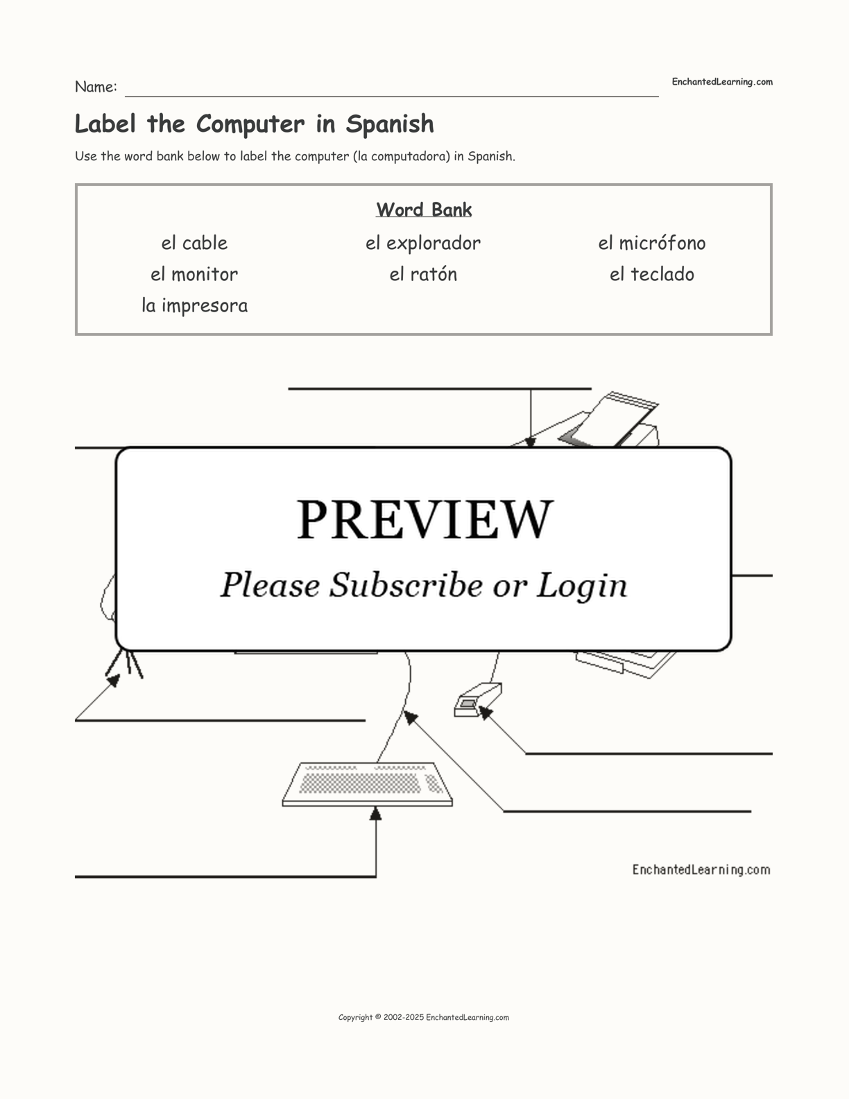 Label the Computer in Spanish interactive worksheet page 1